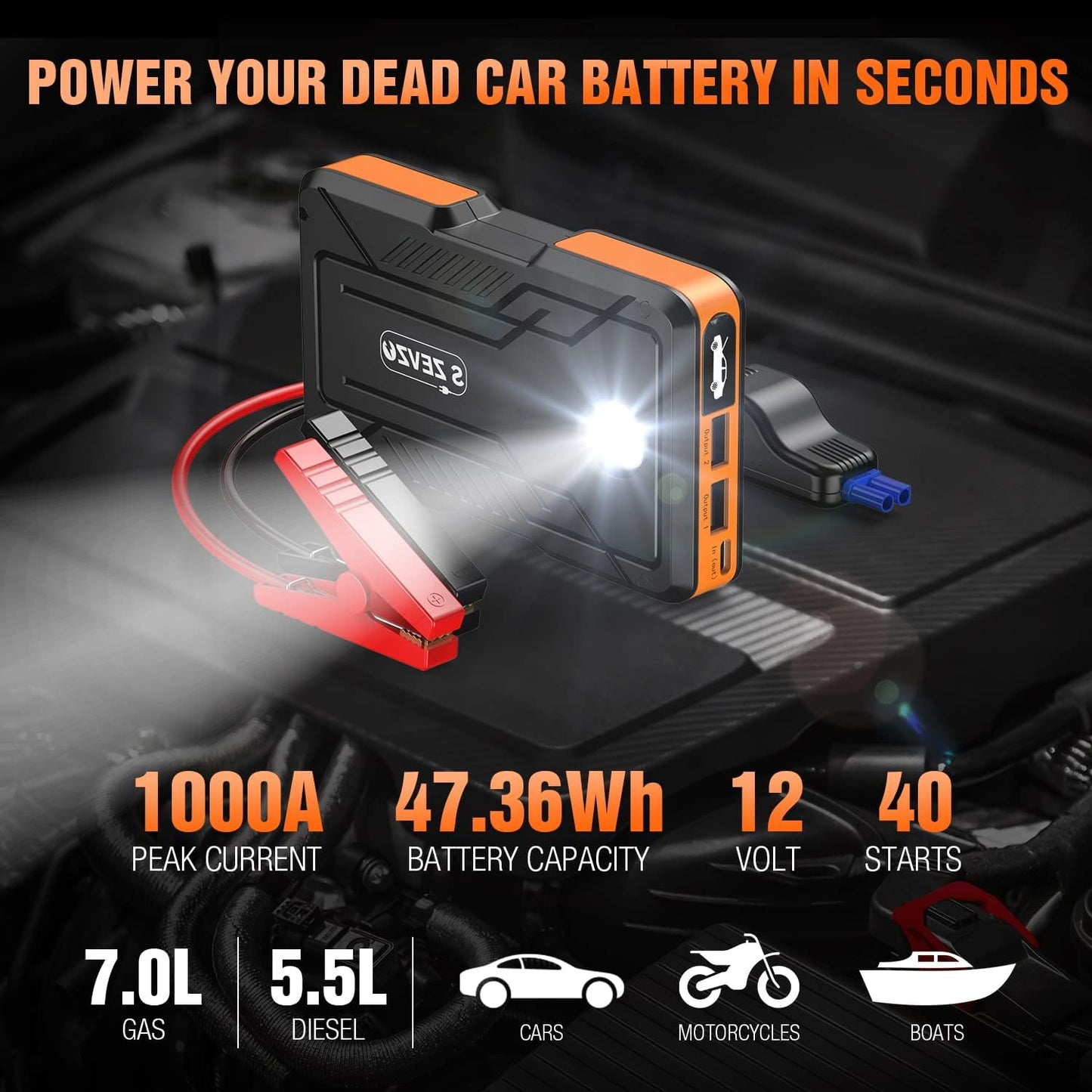 S ZEVZO Jump Starter 1000A Peak Portable Jump Starter for Car (Up to 7.0L Gas/5.5L Diesel Engine) 12V Auto Battery Booster Pack with Smart Clamp Cables, USB Charge, LED Flashlight Jump Box