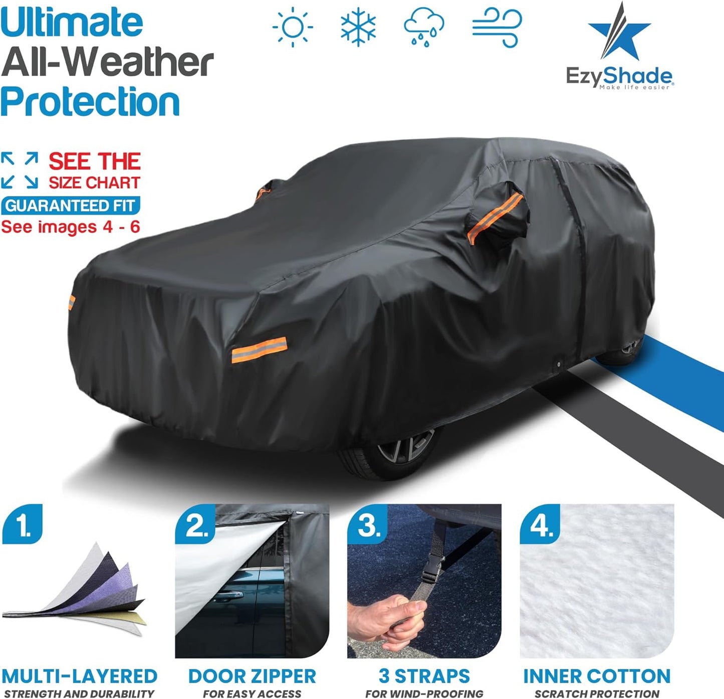 EzyShade 10-Layer SUV Car Cover Waterproof All Weather. See Vehicle Size-Chart for Accurate Fit. Outdoor Full Exterior Covers for Automobiles. Car Tarp Jeep Rav4 CRV. Black, Size S3 (See SizeChart)