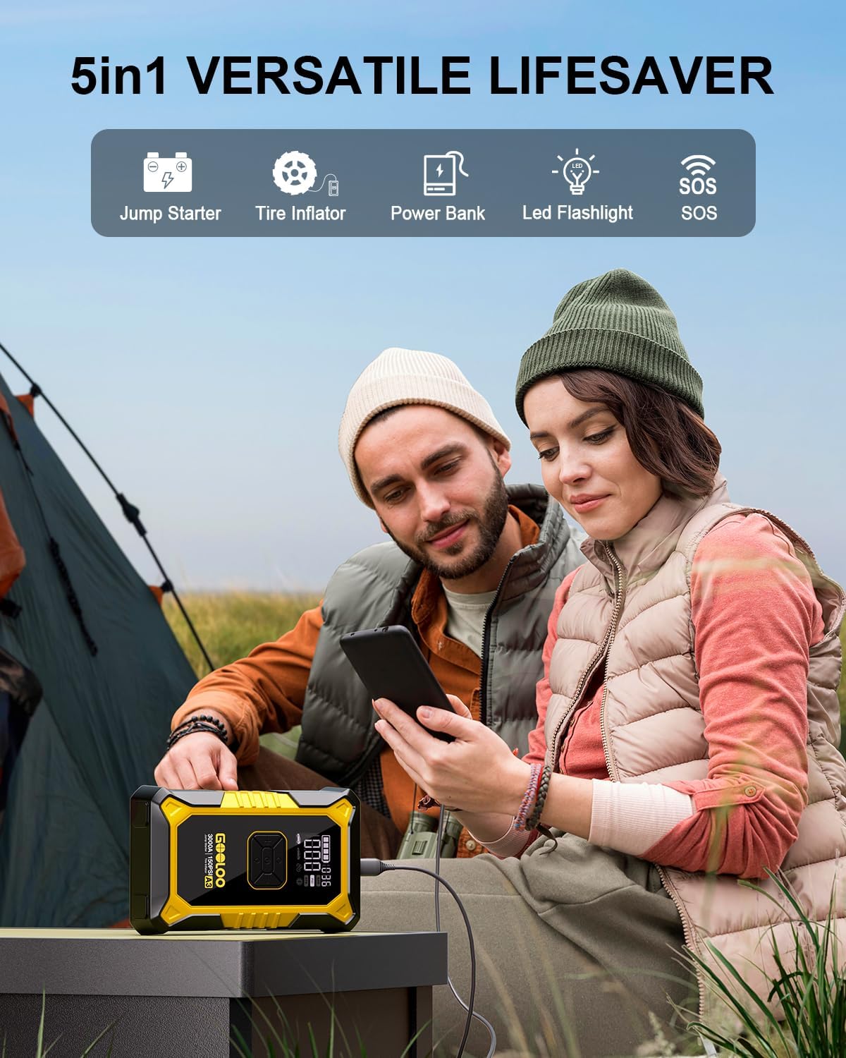 GOOLOO A3 Jump Starter with Air Compressor, 3000A Portable Car Battery Jumper Starter (9.0 Gas/6.5L Diesel) with 150PSI Auto-Shutoff Tire Inflator, 12V Supersafe Lithium Jump Box Car Booster, Yellow