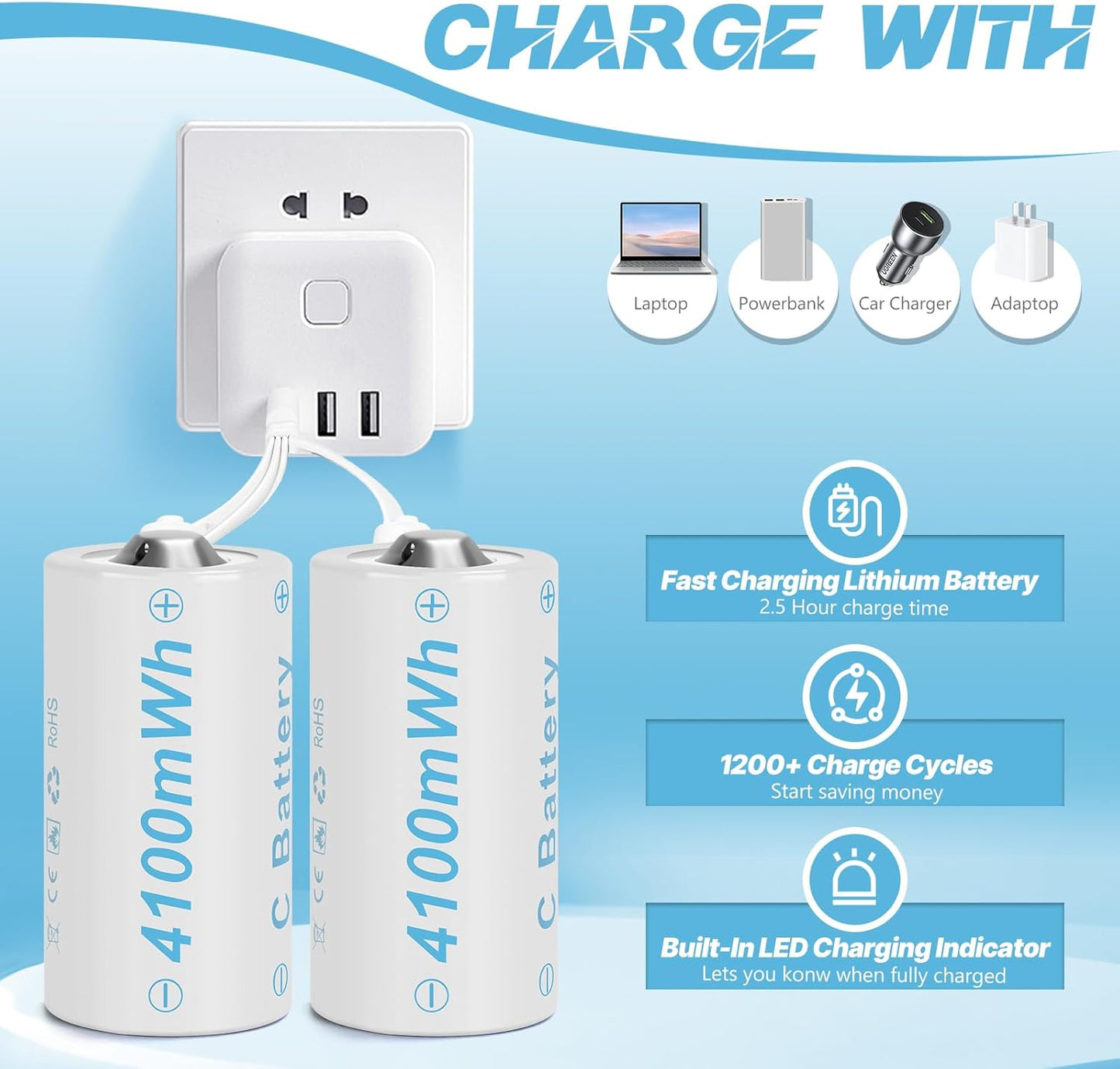 Rechargeable Lithium C Battery 4 Pack, Batteries c Size，Long Lasting1.5V C Batteries Rechargeable with 4 in 1 USB-C Charge Cable for Television Remote, Flashlights