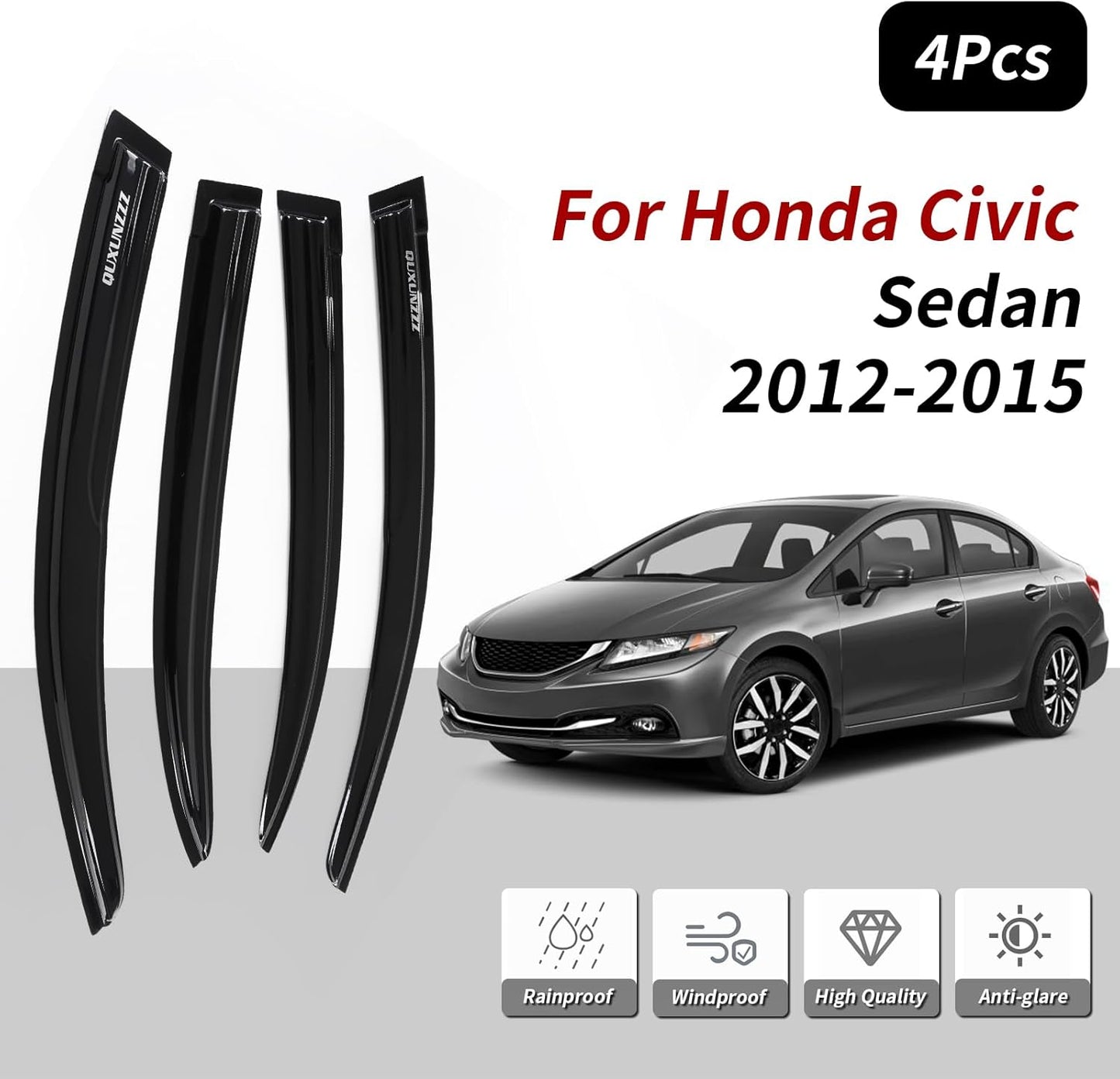 Rain Guards Side Window Visor Vent Outside Mount, 4PCS Fits for Honda Civic 4-Door Sedan 2012 2013 2014 2015