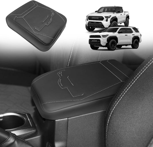Muslogy Center Console Armrest Cover Compatible with 2024 Toyota Tacoma 2025+ 4Runner Accessories Armrest Lid Protector Vegan Leather Cushion Regular Thick(Black/Gray Stitching)