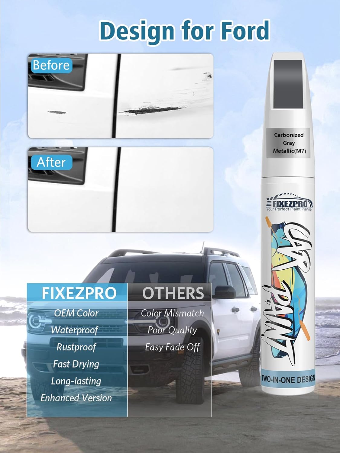 Carbonized Gray Metallic(M7) Touch Up Paint for Ford, Car Paint Scratch Repair Remover Pen Color Exact Match, Quick and Easy Fix Automotive Chips and Nicks Scuff