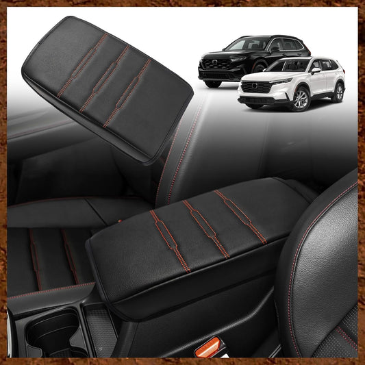 Muslogy Center Console Cover Compatible with 2023+ 2025 2026 Honda CR-V Accessories CRV Hybrid LX EX EX-L Sport Touring Armrest Cover Lid Cushion Protector Vegan Leather Extra Soft(Black/Orange Trim)