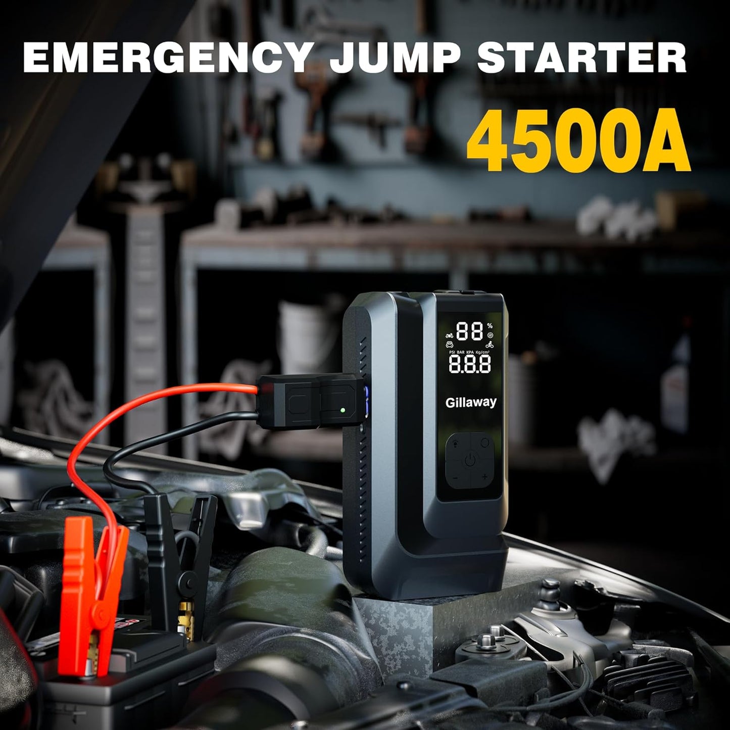 7-in-1 Jump Starter 4500A Car Jumper Starter Portable with 150PSI Tire Inflator, Battery Jumper Starter Portable Air Compressor, Flashlight, Power Bank