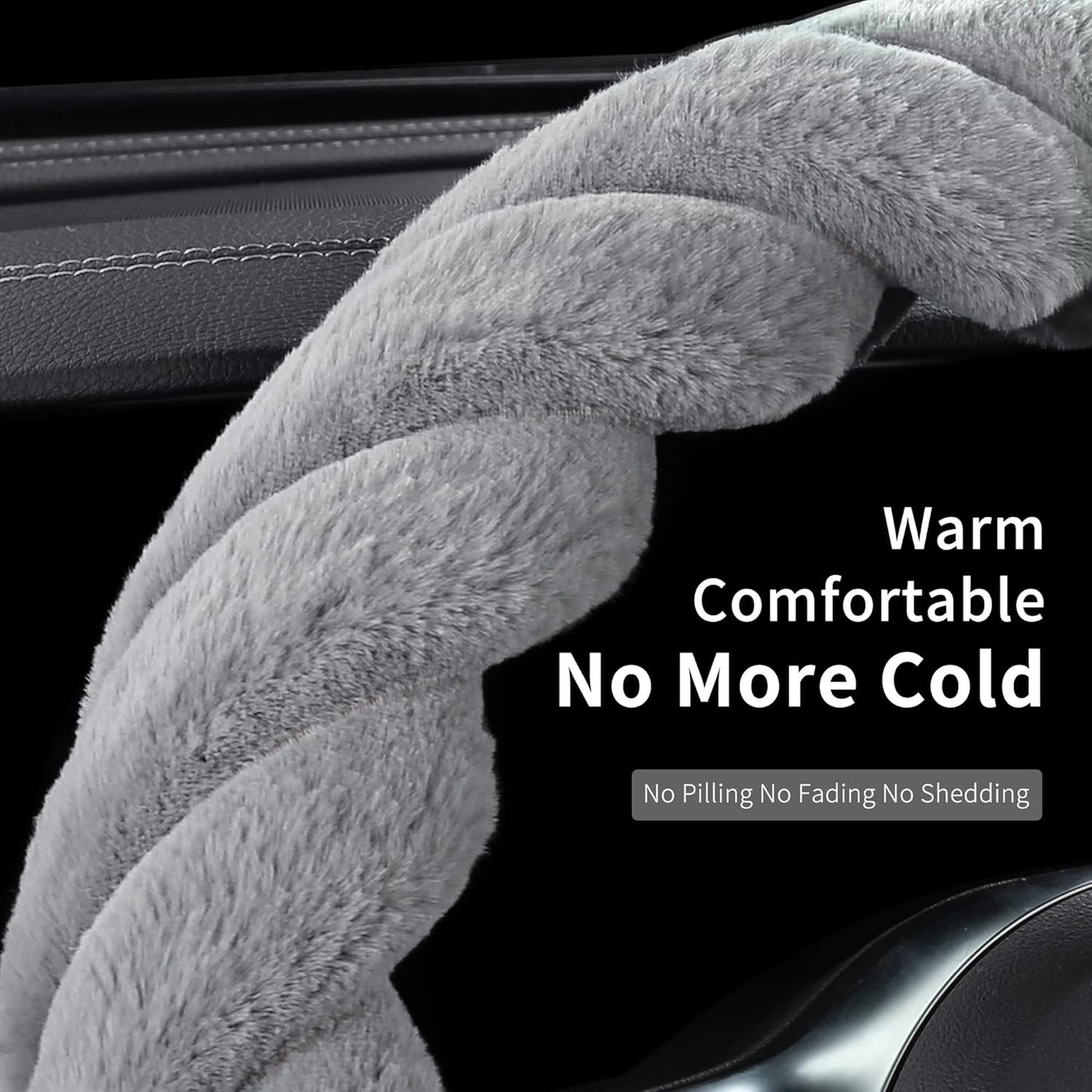 Luxury Fluffy Winter Car Steering Wheel Cover for Women Soft Warm Cute Auto Accessories for Jeep, Truck, Van, F150, Universal, Fuzzy, Anti Slip, Gray, Large Size, 15.2-16in