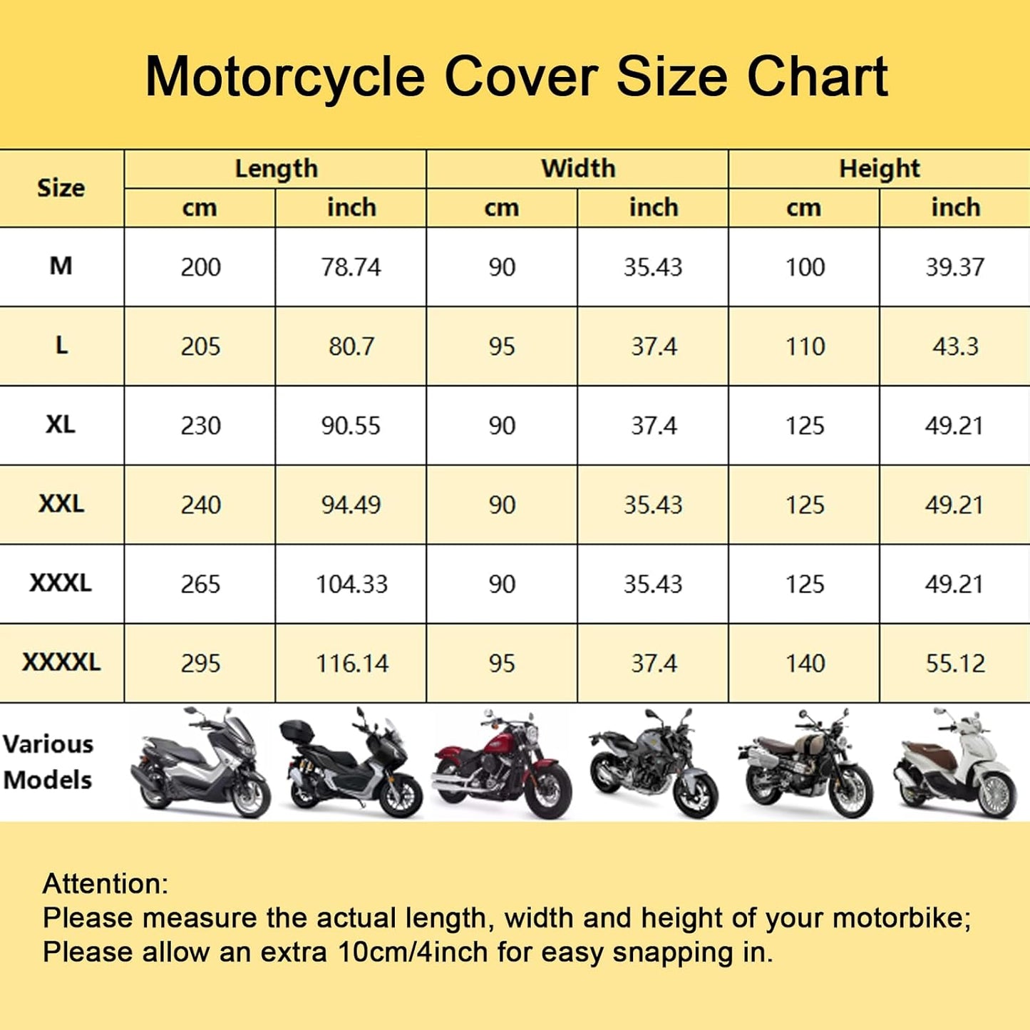 Motorbike Cover Waterproof Outdoor, Motorcycle Scooter Moped Rain Dust Cover with 5 Reflective Strips and 2 Windproof Buckles, 2 Lock-Holes fits Cruisers Sportbikes (1XL: 91 x 35 x 49 inch)