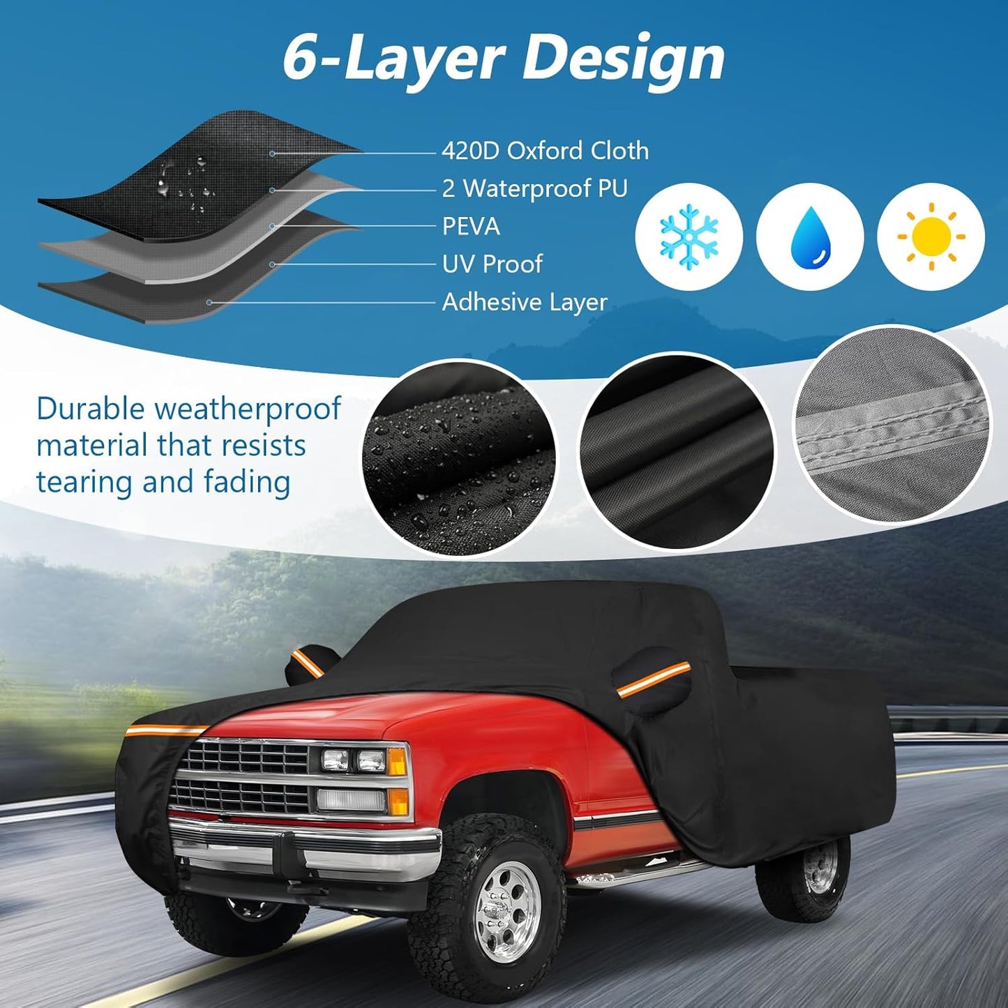 Car Cover for Chevrolet C/K 1500/2500/3500 1988-1999, Waterproof 210D Oxford Cloth and Cotton Cover Outdoor Full Car Covers with Zipper Windproof Heavy Duty All Weather Protection
