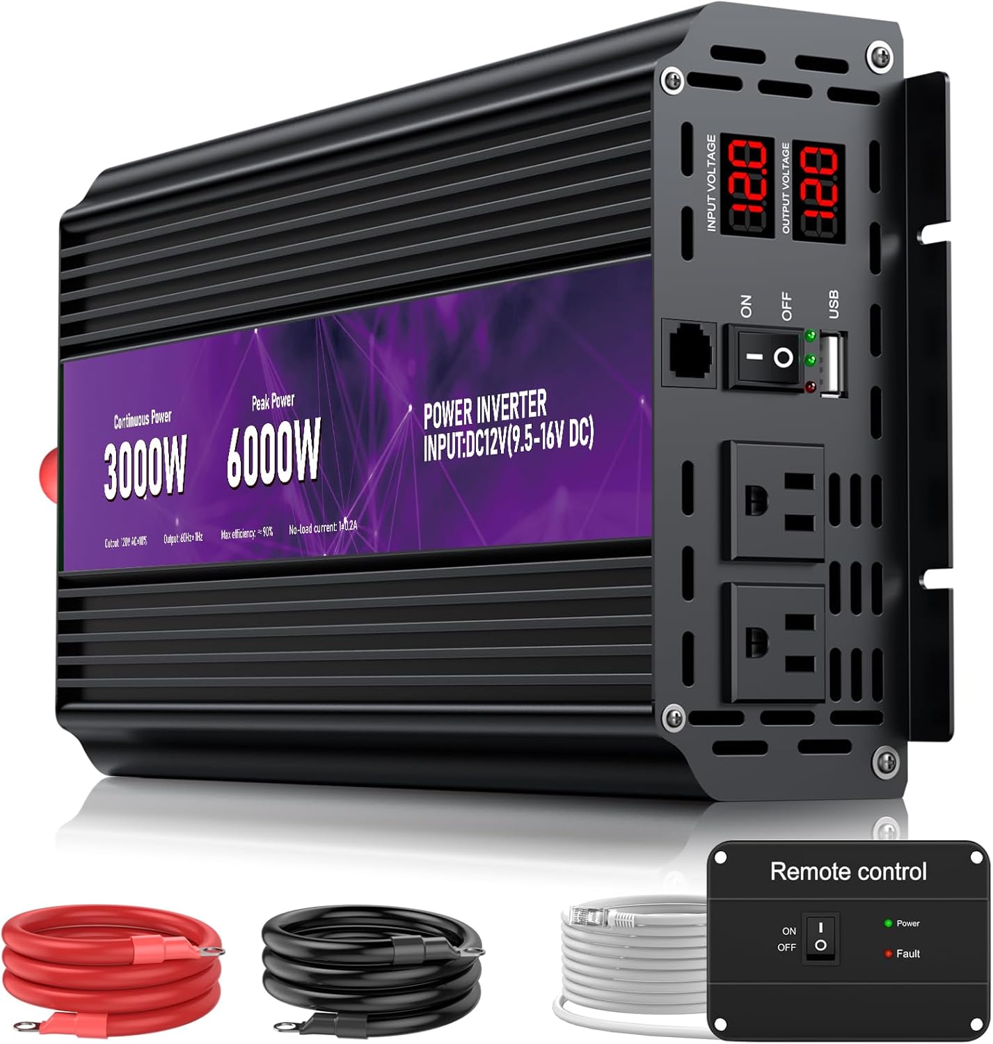 3000W Power Inverter,Peak Power 6000W 12V DC to AC 110V120V,Remote Control with 2AC Outlets and 2.4USB Port,LCD Display for Power Converter,Outdoor Activities,Emergency,Vehicles Truck RV Solar System