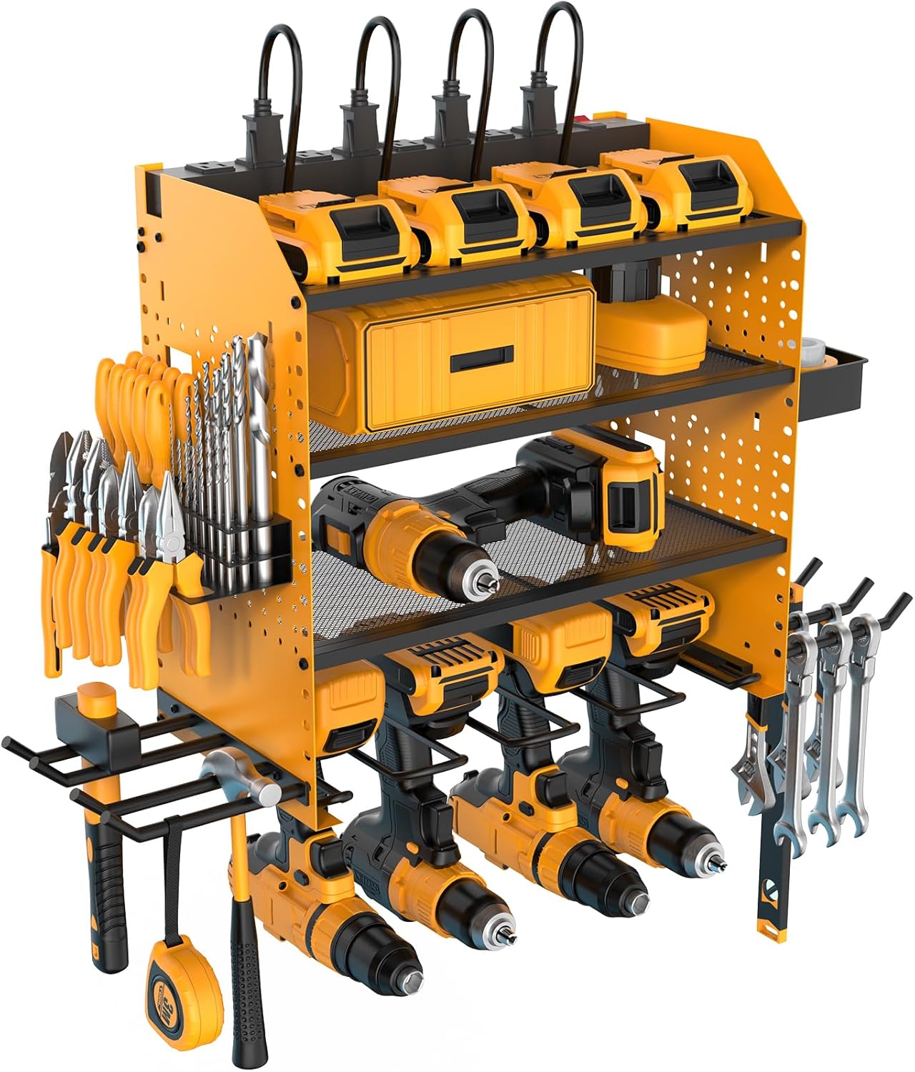 Heavy Duty Power Tool Organizer Wall Mount with Charging Station, 4 Layer Garage Storage Adjustable Shelves Height, Holds 4 Drills, 2 Hooks, Screw & Screwdriver box, Gifts for Fathers Day, Anniversary