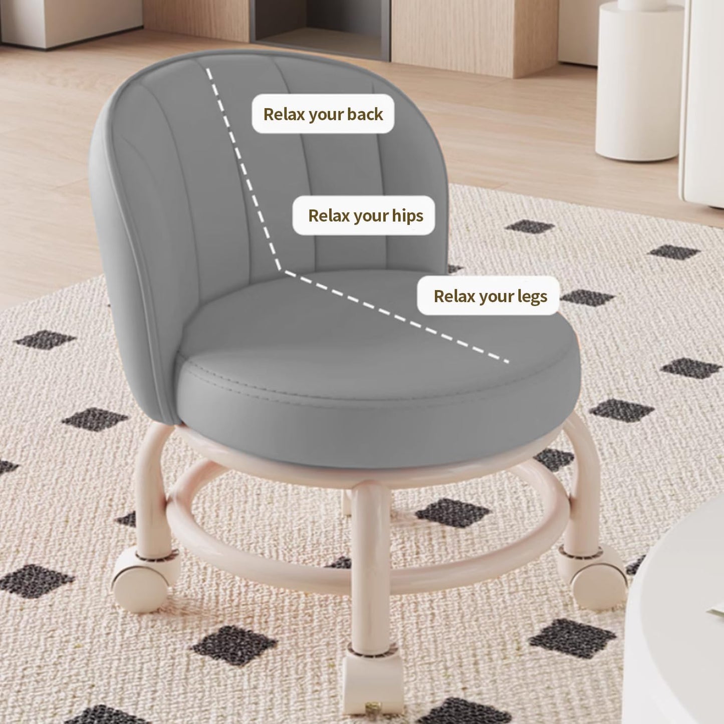 Low Rolling Stool with Backrest,Rolling Pedicure Seat,Low Stool with Wheels for Home, Office, Garage, Shop, Library (Gray)