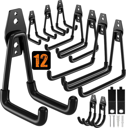 QcoQce 12 Pack Garage Hooks Heavy Duty, Wall Mount Utility Hooks with Extension Cord Straps, Anti-Slip Coating for Bike, Ladder, Hose, Garage Organization, Includes Screws (Black)
