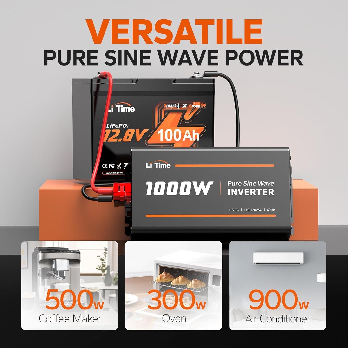 LiTime 1000W Pure Sine Wave Inverter 12V DC to 120V AC Converter for Home, RV, Truck, Camping, Built-in 2 AC Outlets, Off-Grid Solar Power Inverter with LCD Display Showing Real-time Status