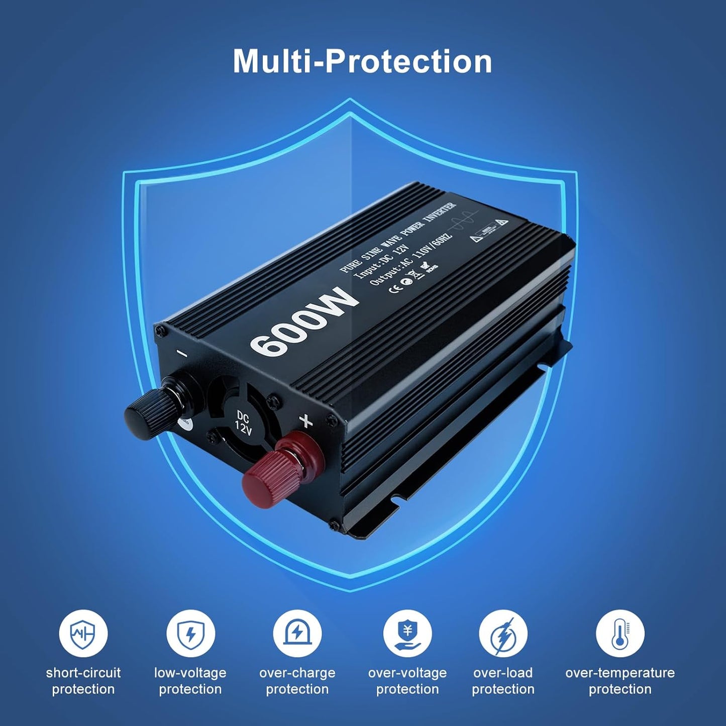 Power Inverter 600W Pure Sine Power Inverter DC 12V to AC 110V Car Converter, Car Cigarette Adapter Converter, Aluminum Alloy Car Power Inverter with 2 USB Ports