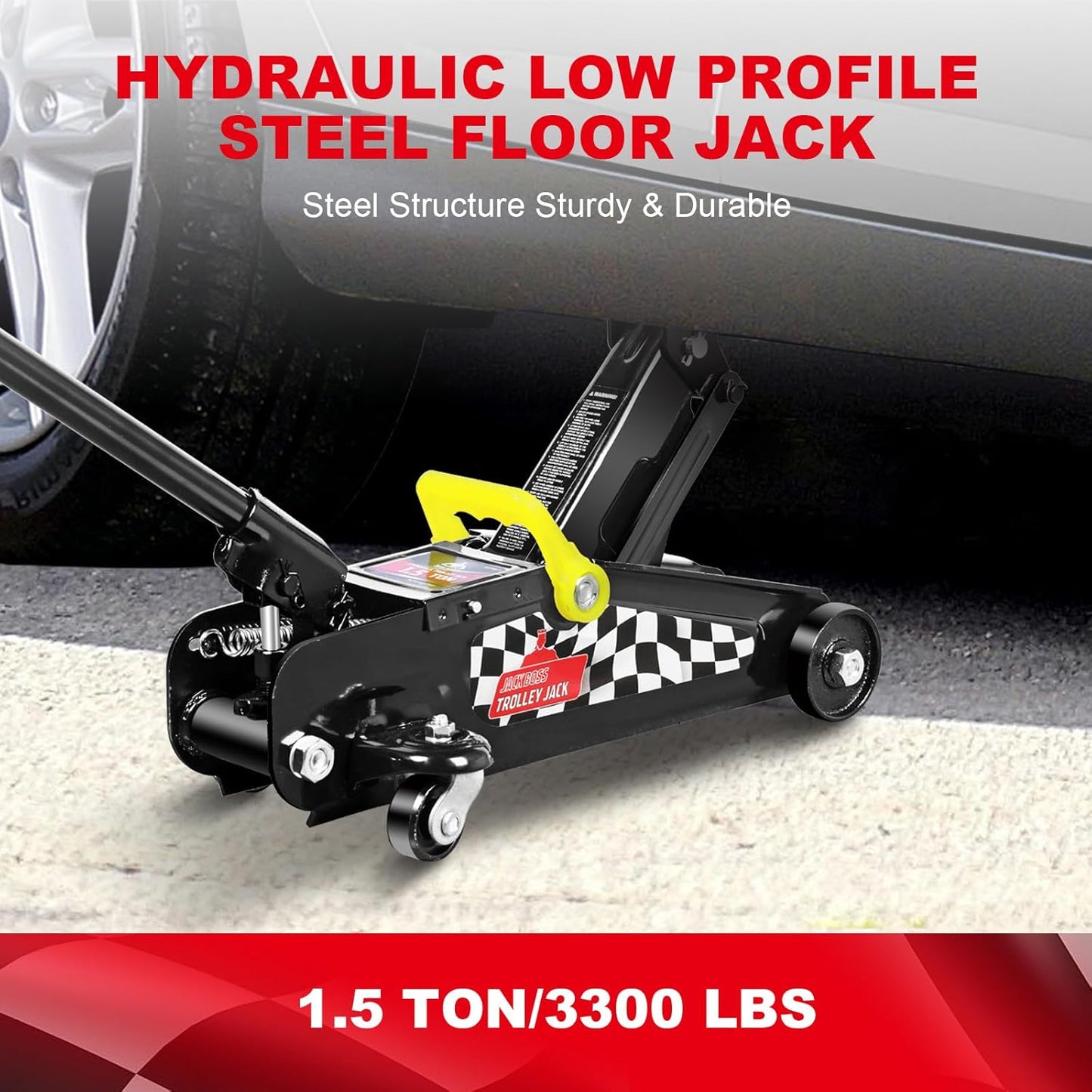 Floor Jack 1.5 Ton (3,000 LBs) Hydraulic Car Jack, Lifting Range from 5.1 Inch to 12.6 Inch, Fits Sedans Automotive Black
