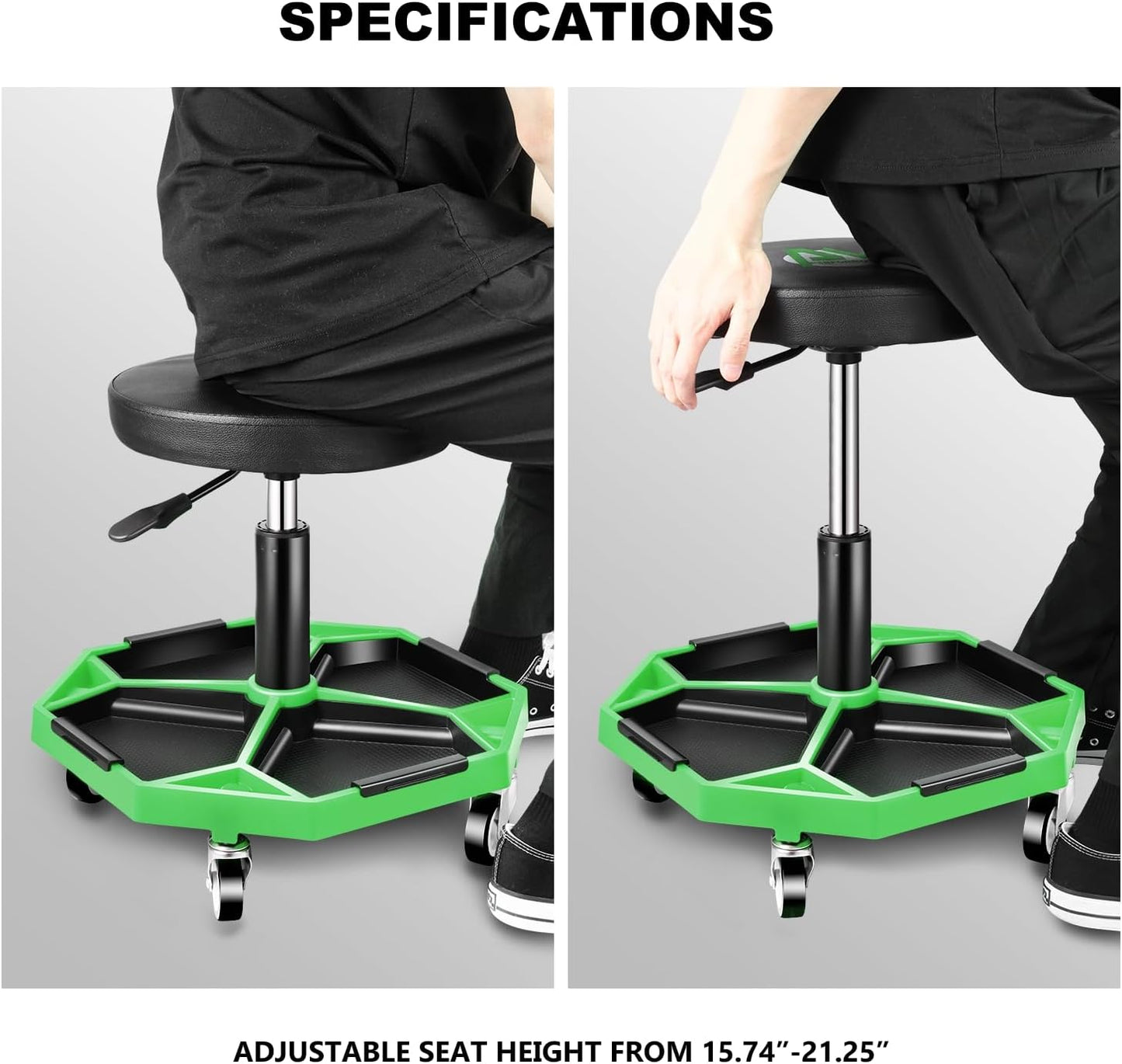 PM PERFORMOTOR Adjustable Height Pneumatic Garage Seat Rolling Mechanic Stool with Tool Tray Storage,300lbs Max Weight Capacity, Green,PM-TOL-ATS-GR