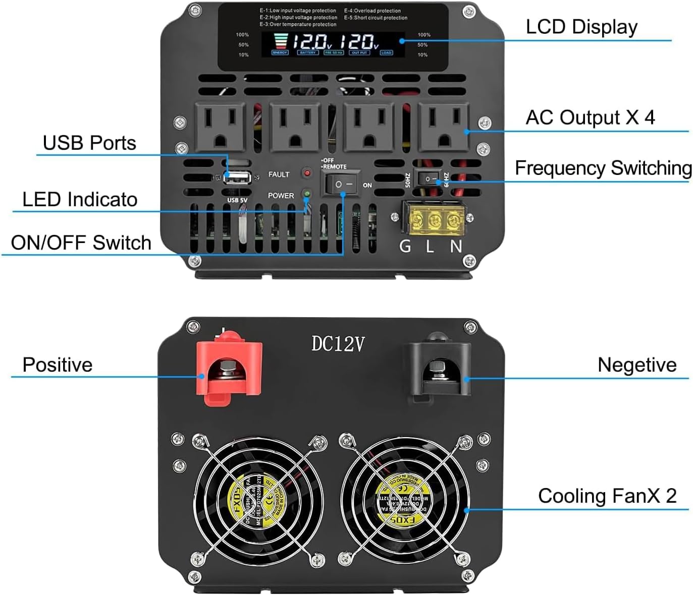 5000W Power Inverter 12V to 110V/120V DC to AC with LCD Display, Remote Controller and 4 x AC Outlets Car Adapter for Car Truck Boat RV Off Grid Solar System