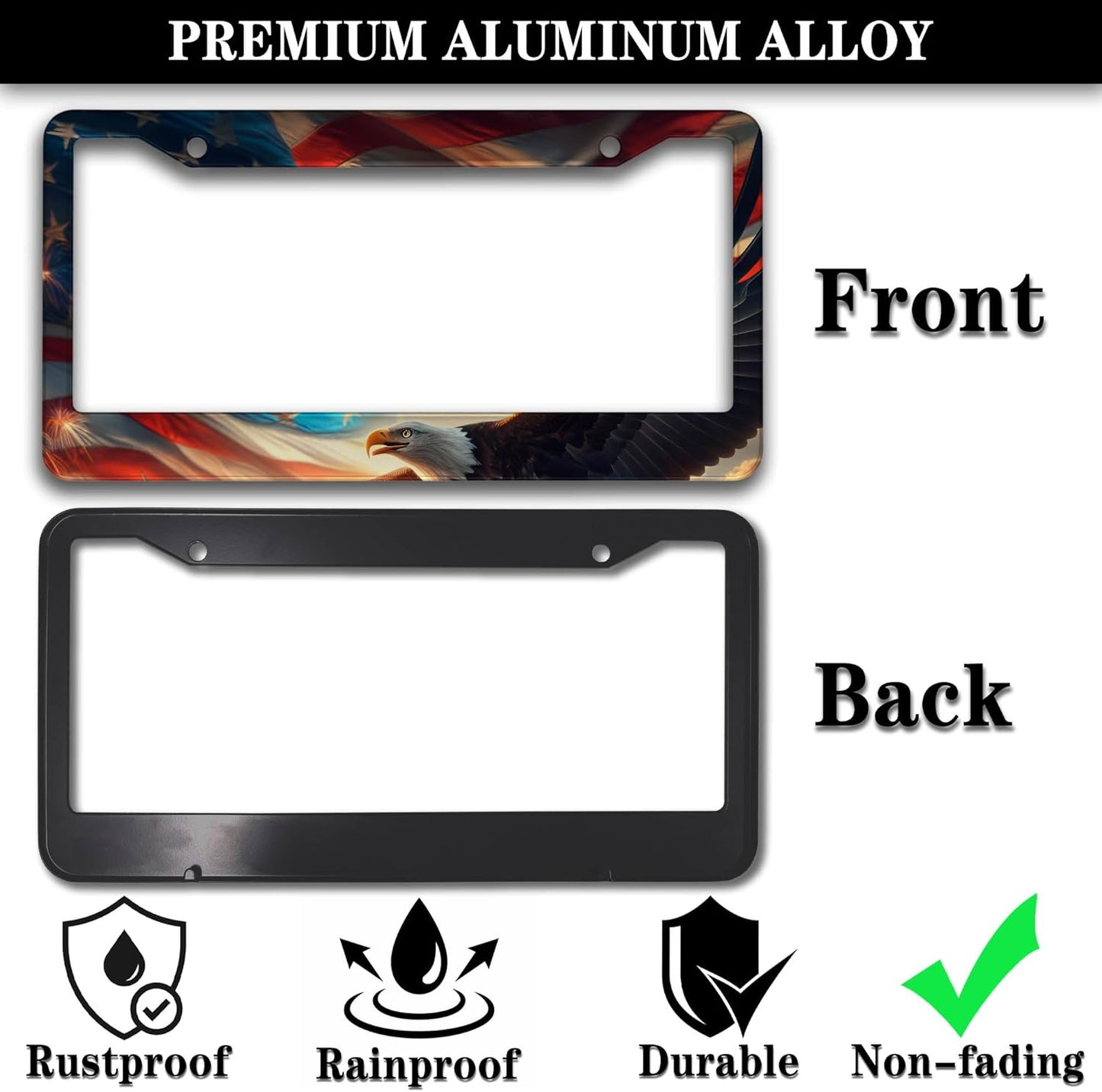 Automotive Exterior Accessories Multicolor License Plate Frames American Flag Eagle Aluminum Metal Car Accessory 2 Pack with Screw Covers Set