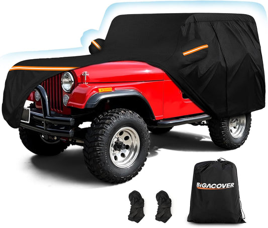 Car Cover for Jeep CJ5 1955-1983, Waterproof 210D Oxford Cloth and Cotton Cover Outdoor Full Car Covers with Zipper Windproof Heavy Duty All Weather with Wind, Sun, UV and Dust Protectio