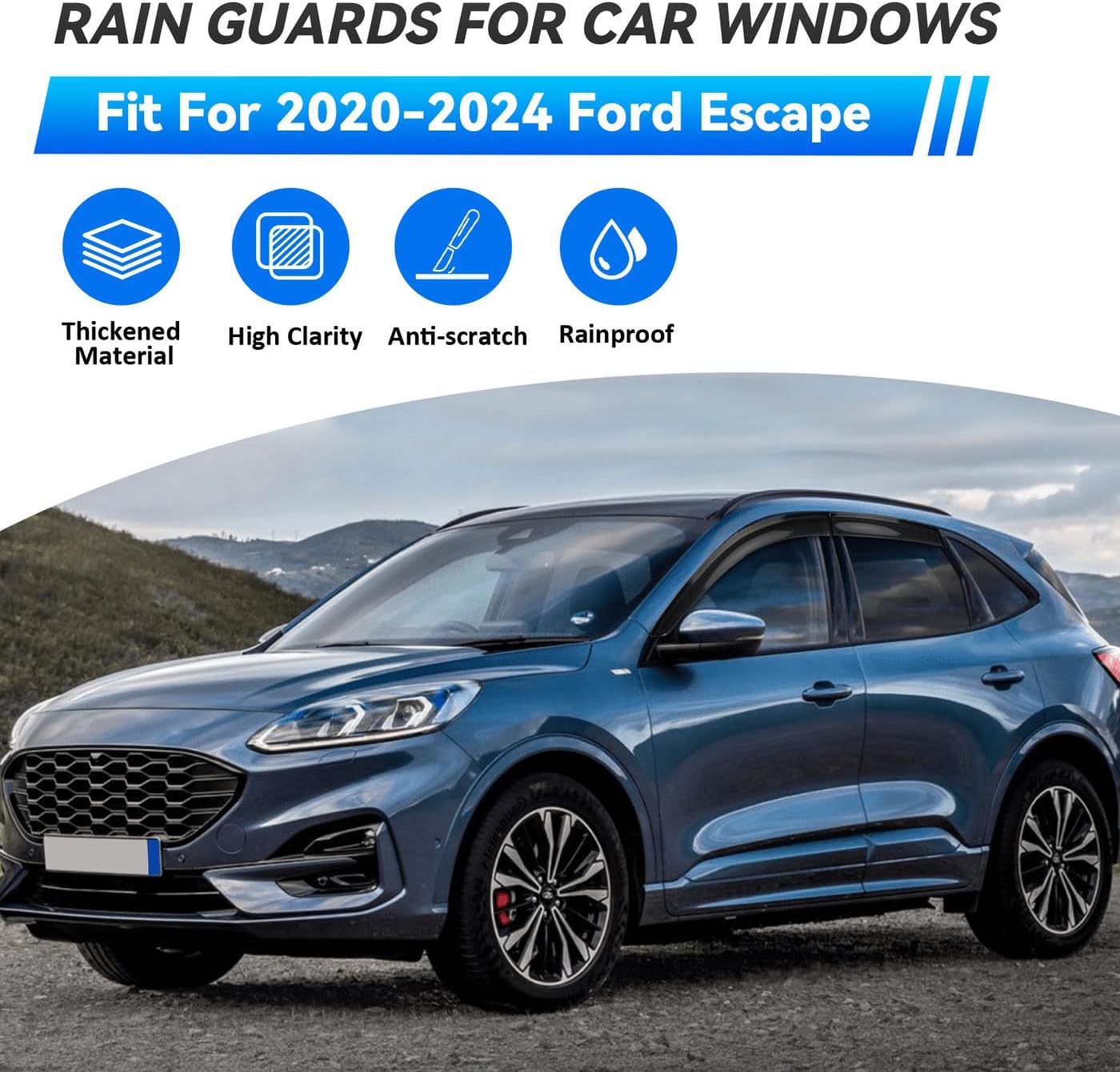 4pcs Window Visors Compatible with 2020-2025 Ford Escape Front+Rear Smoke Tint Sun/Rain Guard Outside Mount Tape-On Vent 2021 2022 2023 2024