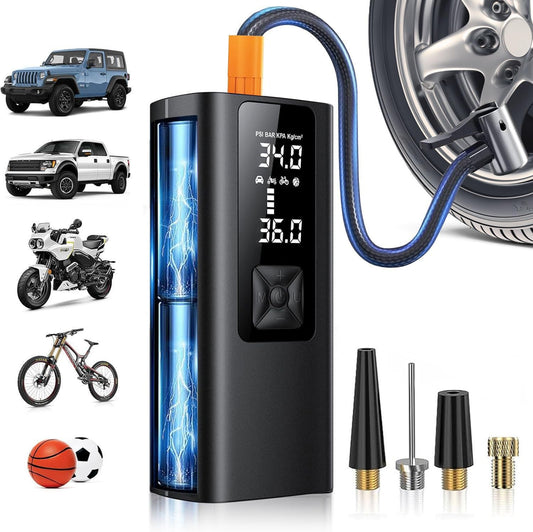 Tire Inflator Portable Air Compressor, 150 PSI & 3X Faster Cordless Air Pump for Car Tires, with Tire Pressure Gauge, LCD Dual Screen, Automatic Stop and LED Light, Bike Pump, for Motorcycle, Ball