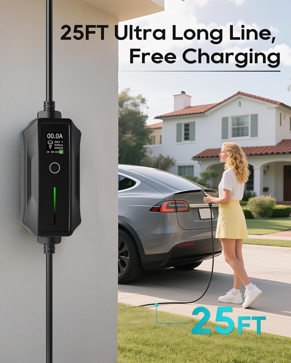 Tesla Charger Level 1-2 EV Charger,120V-240V,16A, NEMA 5-15 & 6-20 Plug,25FT