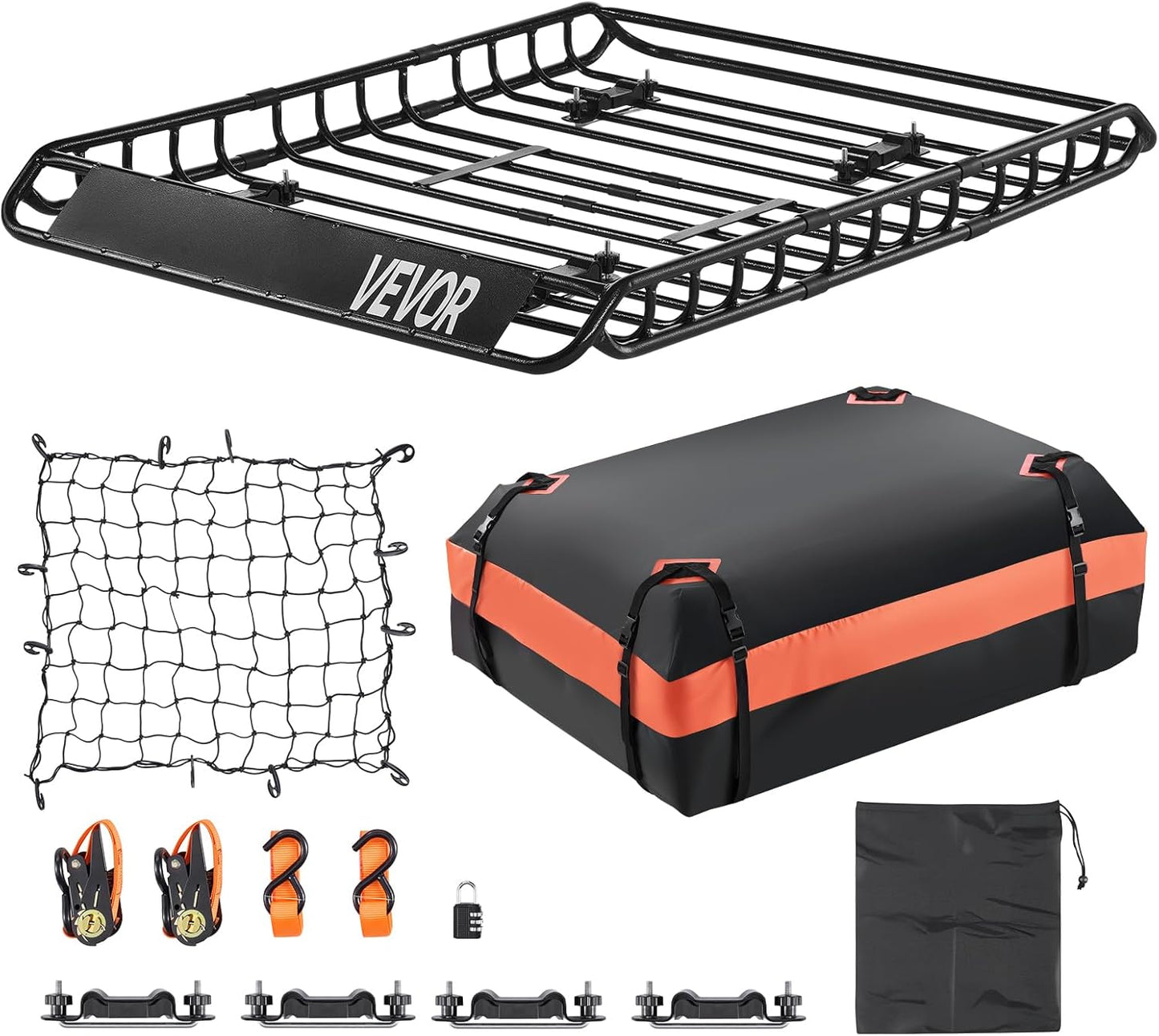 VEVOR Roof Rack Basket, 51 x 36 x 4.1 in, Universal Rooftop Cargo Carrier with 1120 x 870 x 260 mm Cargo Bag, Net, Ratchet Straps, 200 lbs Max Load Capacity Car Top Luggage Holder, for SUV Truck Car