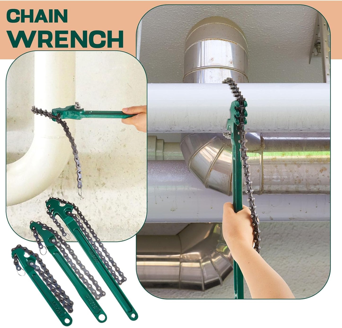 Lasnten 3 Pcs Large Reversible Chain Oil Filter Wrench with 12 16 9 Inch Chain Wrench Adjustable Heavy Duty Carbon Steel Sturdy Pipe Fitting Tool Spanner for Ratcheting Universal(Green)