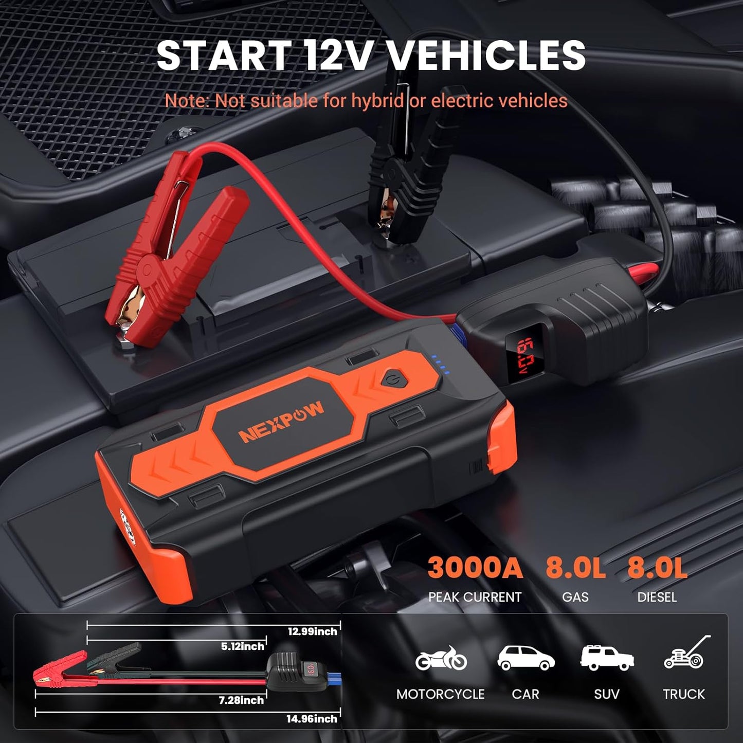 NEXPOW Car Battery Jump Starter 3000A, Portable Jumper Starter (up to 8.0L Gas/8L Diesel Engines) 12V Car Battery Booster Pack with USB Quick Charge 3.0 and 4 LED Modes Red Blue Warning