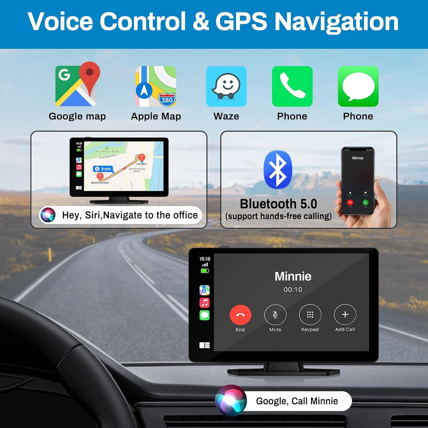 Wireless Carplay Screen for Car with 4K Dash Cam, 9" Portable Carplay & Android Auto, Car Touchscreen with 1080p Backup Camera, GPS Navigation/Voice Control/BT/Mirror Link/FM