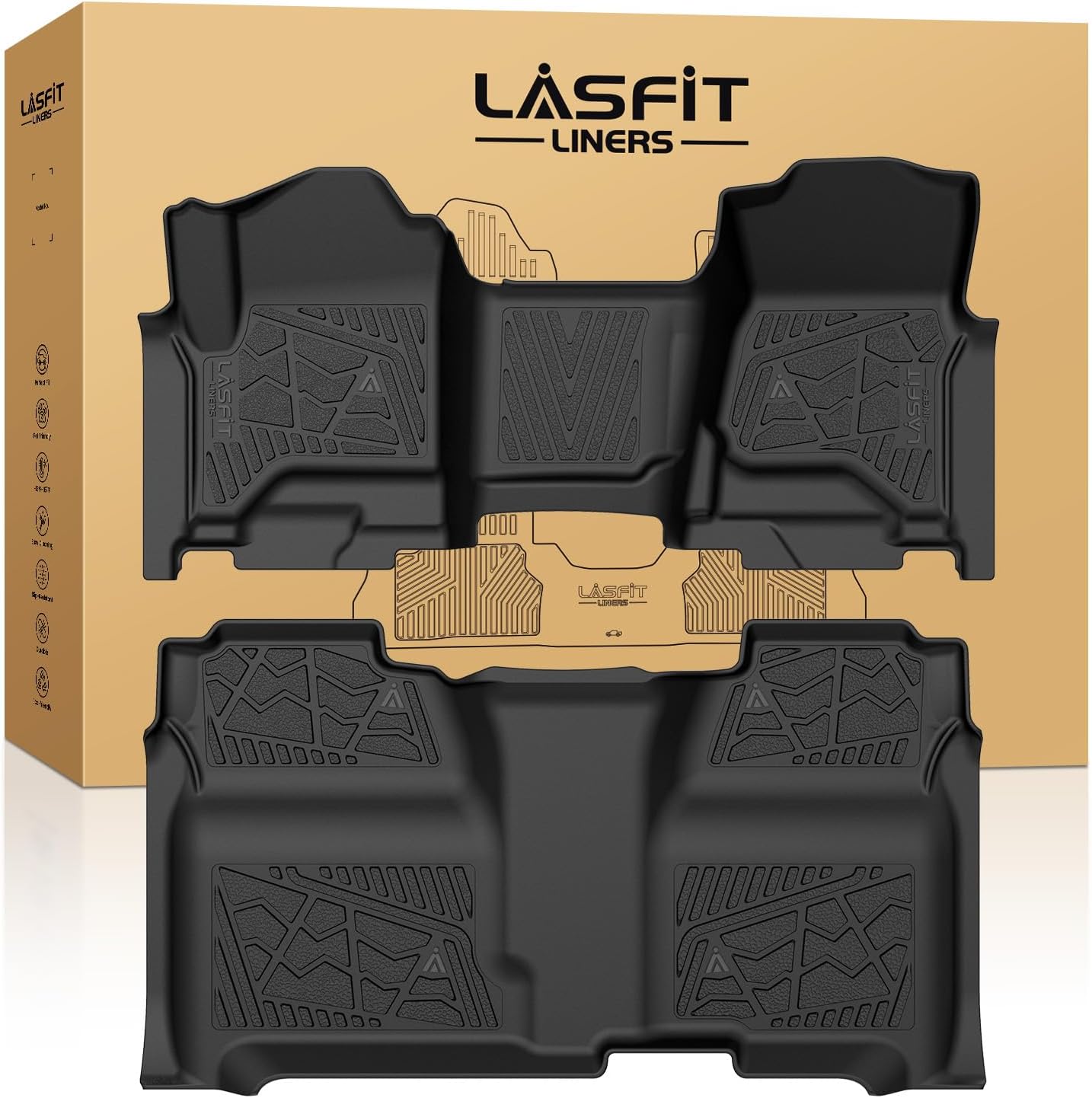LASFIT Floor Mats 2014-2018 for Chevy Silverado/GMC Sierra 1500, 2015-2019 2500HD 3500 HD, Crew Cab Only/Bench Seat, All Weather TPE Custom Fit Car Floor Liners, with Carpet Floor Only