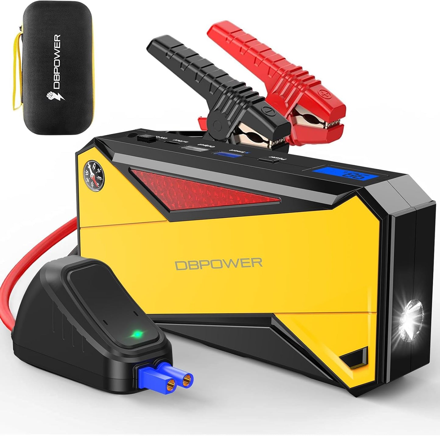 DBPOWER Peak 1600A 18000mAh Portable Car Jump Starter(up to 7.2 Gas, 5.5L Diesel Engines) Battery Booster with Smart Charging Port, LCD Display, Intelligent Jumper Clamps, Compass and LED Light