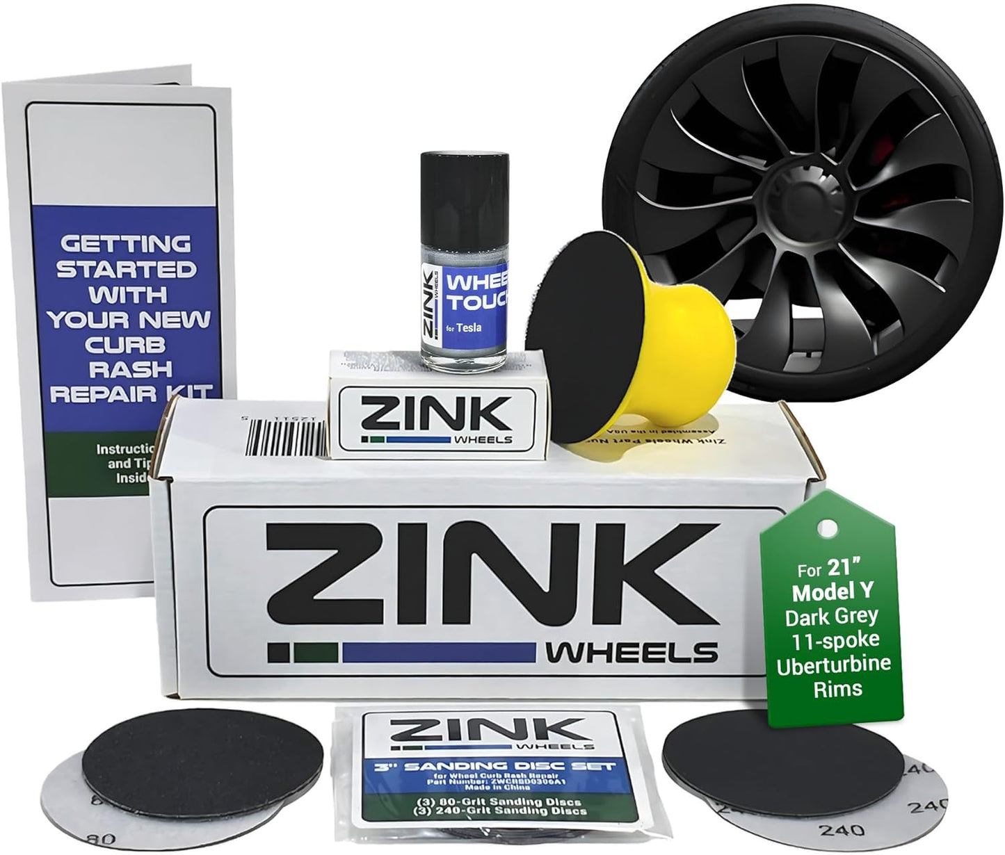 Premium Tesla Wheel Curb Rash Repair Kit for Model Y 21-inch Charcoal Grey Uberturbine Performance Rims - DIY Kit with Color-matched Touch Up Paint - Made in USA