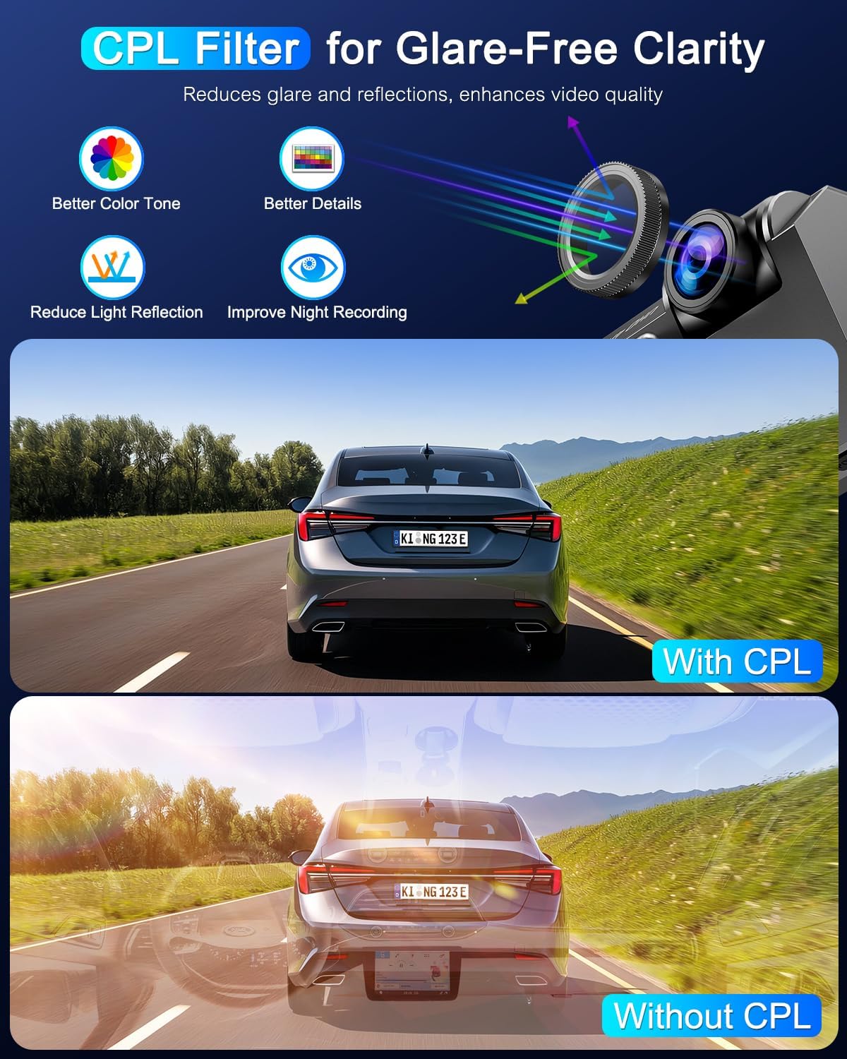 Dash Cam Front and Rear 5GHz WiFi Dashcam with CPL, 4K+1080P Dual Dash Camera for Cars, 3.69" IPS Screen Dashcam with 64GB SD Card, App Control, 24H Parking Mode, Super Night Vision, Loop Recording