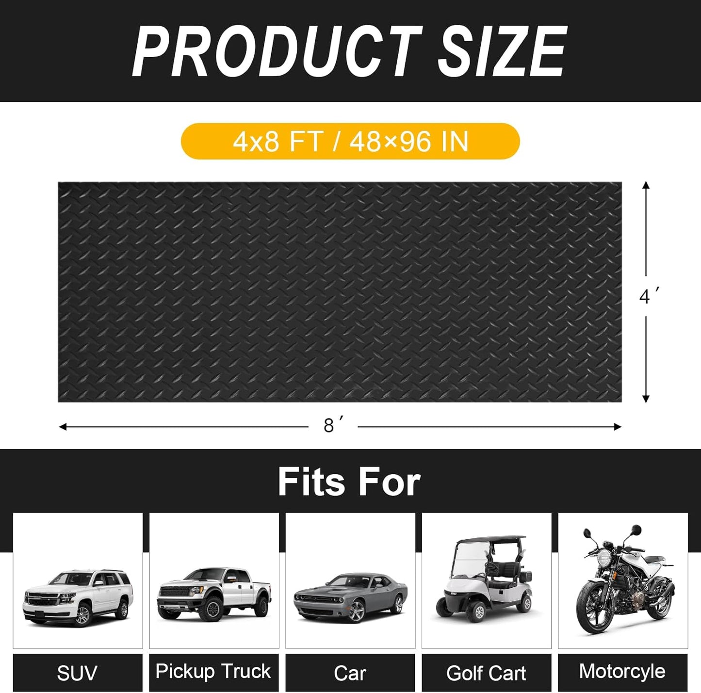4x8FT Garage Floor Mat, 2.8mm Thickened Flooring Roll for Under Car, Golf Cart Parking Mat, Diamond Plate PVC Rubber Motorcycle Mat, Non-Slip Floor Protector for Garage Warehouse Trailer, Black