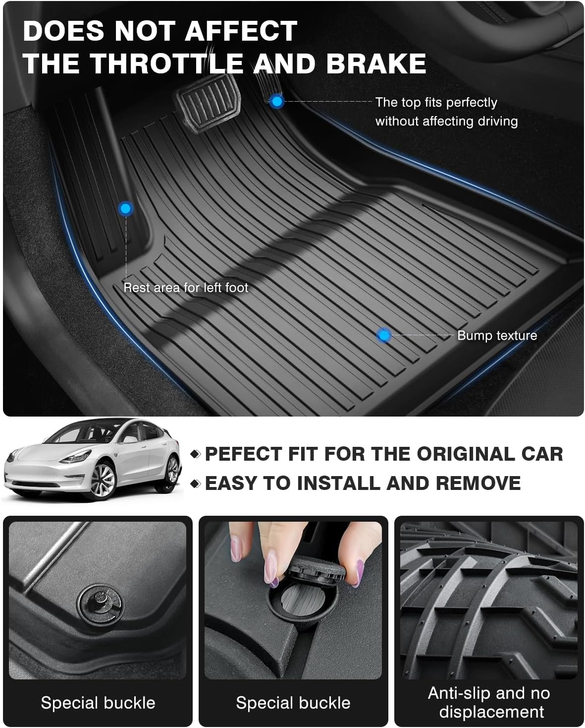 Powerty Floor Mats & Cargo Liner for 2024 2025 Tesla Model 3 Highland Accessories Cargo Mat& Front Storage Mat& Rear Storage Mat All Weather TPE 3D Floor Liners 2 Row Liner Set(6 PCS)