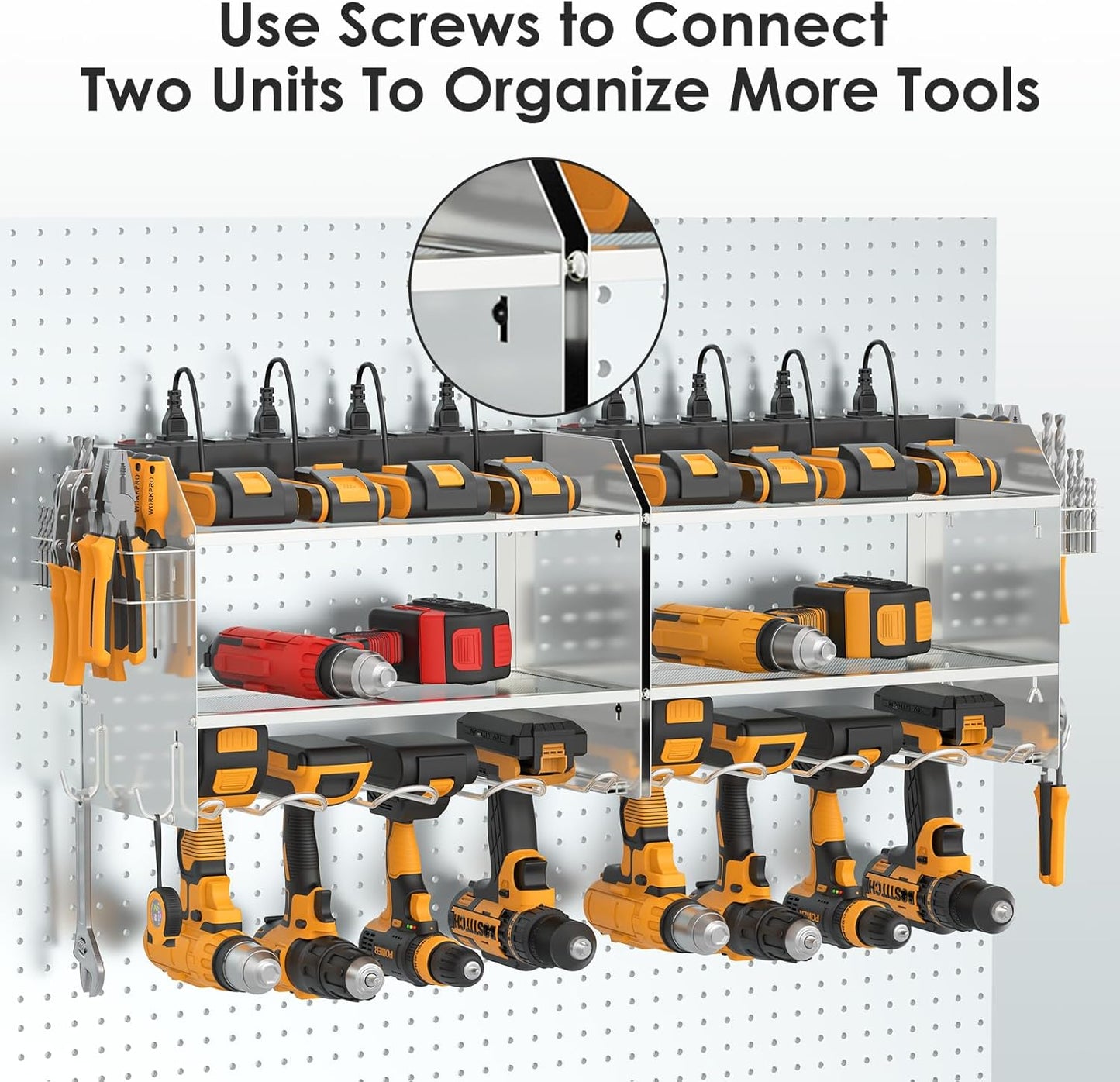 CCCEI Modular Power Tool Organizer Wall Mount with Charging Station. Garage 4 Drill Storage Shelf with Hooks, Drill Bit Heavy Duty Rack, Silver Tool Battery Holder Built in 8 Outlet Power Strip.