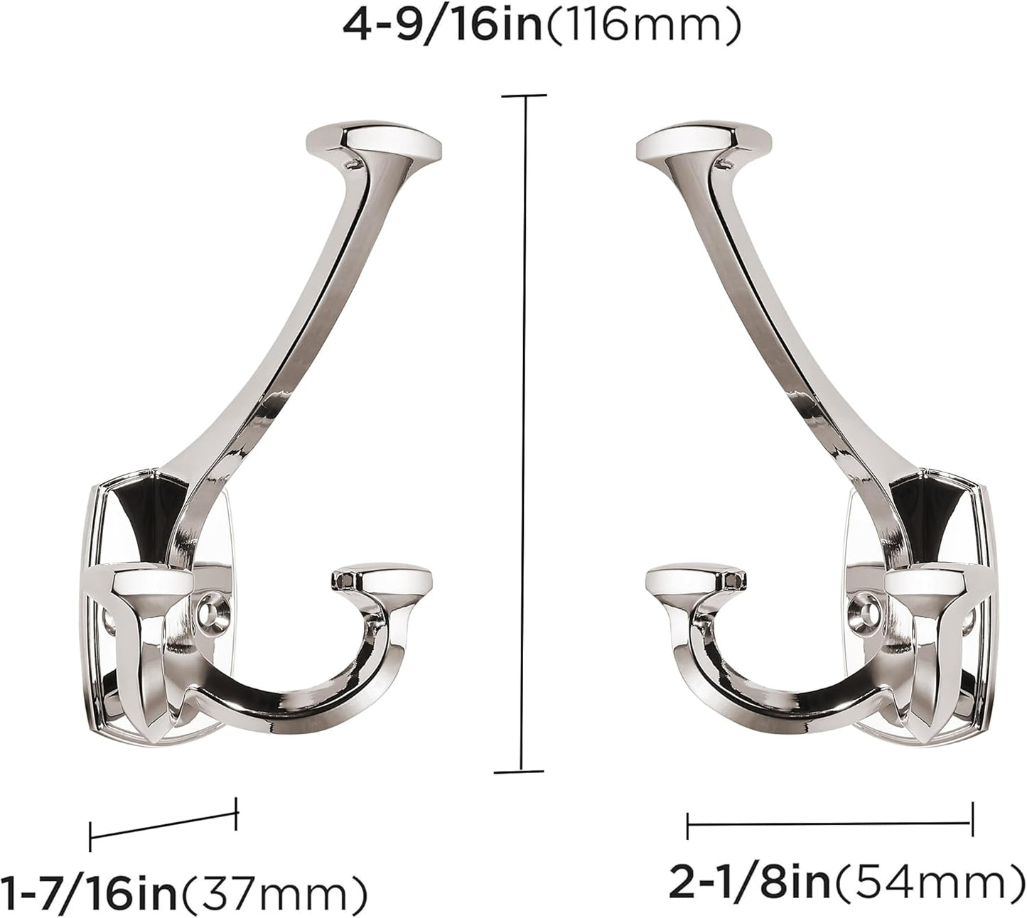Large Wall Double-Sided Hook 2 Pack Polished Nickel Hook Decorative Heavy Duty Solid Large Coat Hooks for Towel Hanging Coats Robe Towel Bags Door Back 2 Prong Hooks