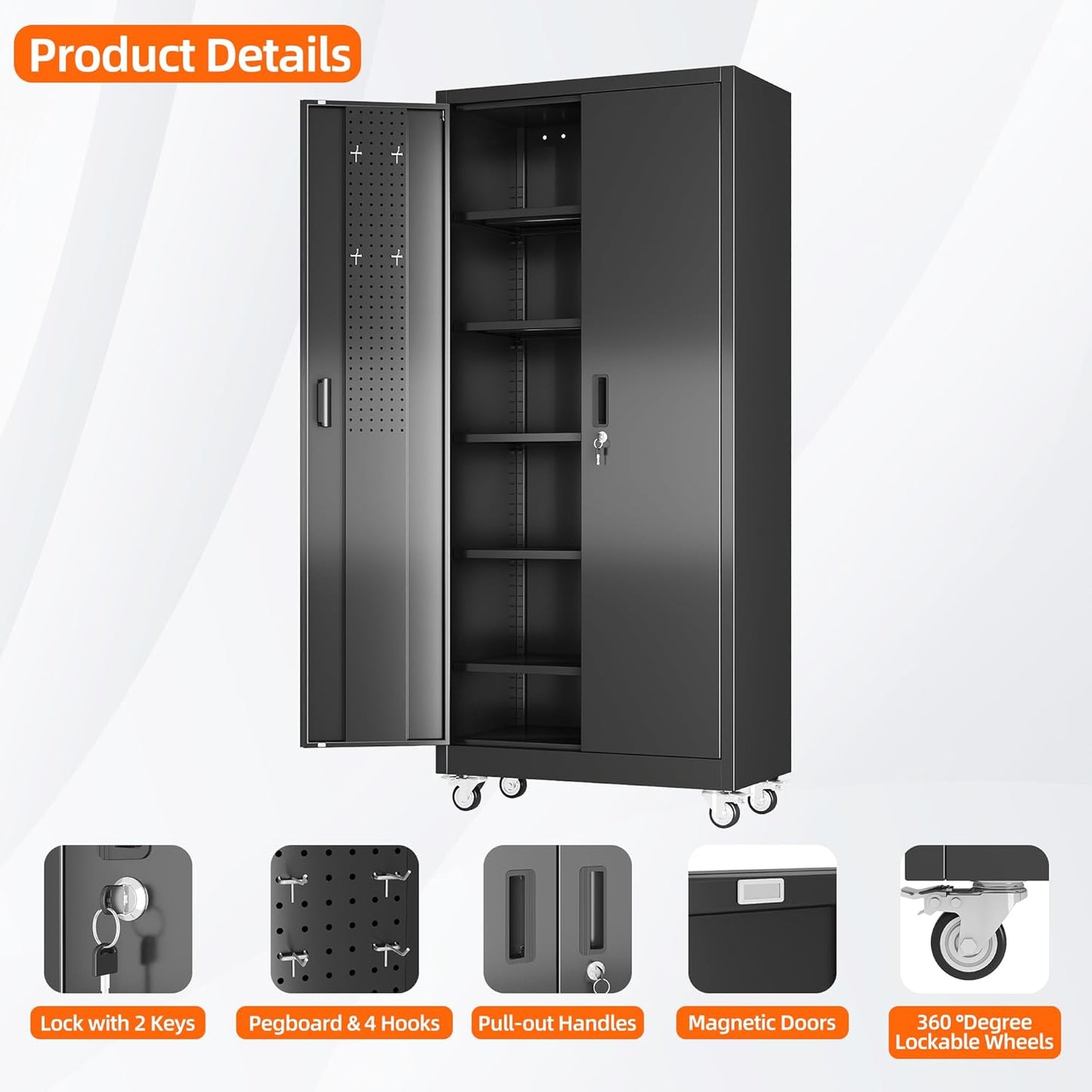 Garage Storage Cabinet with Wheels Pegboard and 5 Adjustable Shelves, 71'' x 32'' x 16''Metal Lockable Cabinet with Magnetic Doors,Tool Storage,Home Office Garage,Gym,School (Black)