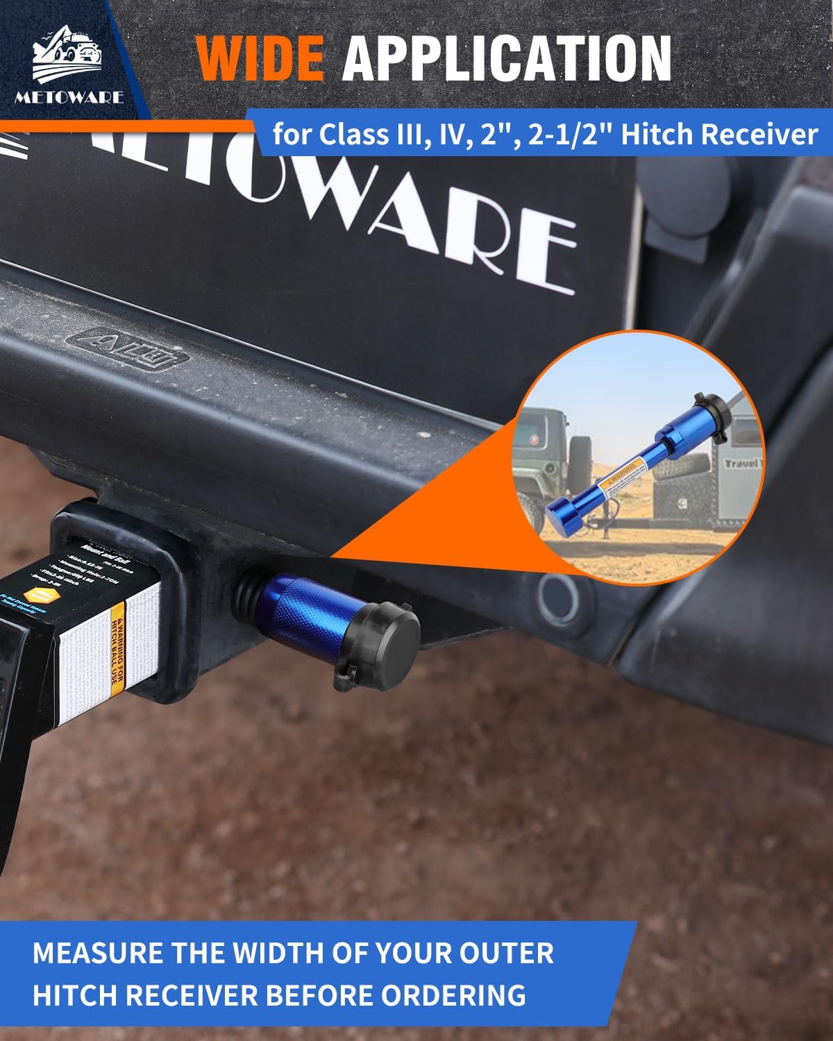 METOWARE Trailer Hitch Lock, Tailer Receiver Lock Fits Class III/IV, 2", 2-1/2" Hitch Receiver with 5/8" Dia Pin and 8 Rattle Rubber O-Rings, for Trailer, Truck, Car, Boat (Blue)