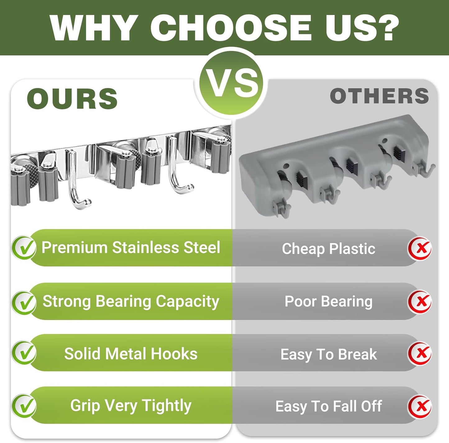 Broom Holder Wall Mount, Broom Organizer Wall Mount Stainless Steel Broom and Mop Hanger Heavy Duty Storage Organization for Home Kitchen Garden Garage Room 5 Racks 4 Hooks (2PACK)(Grey Racks)