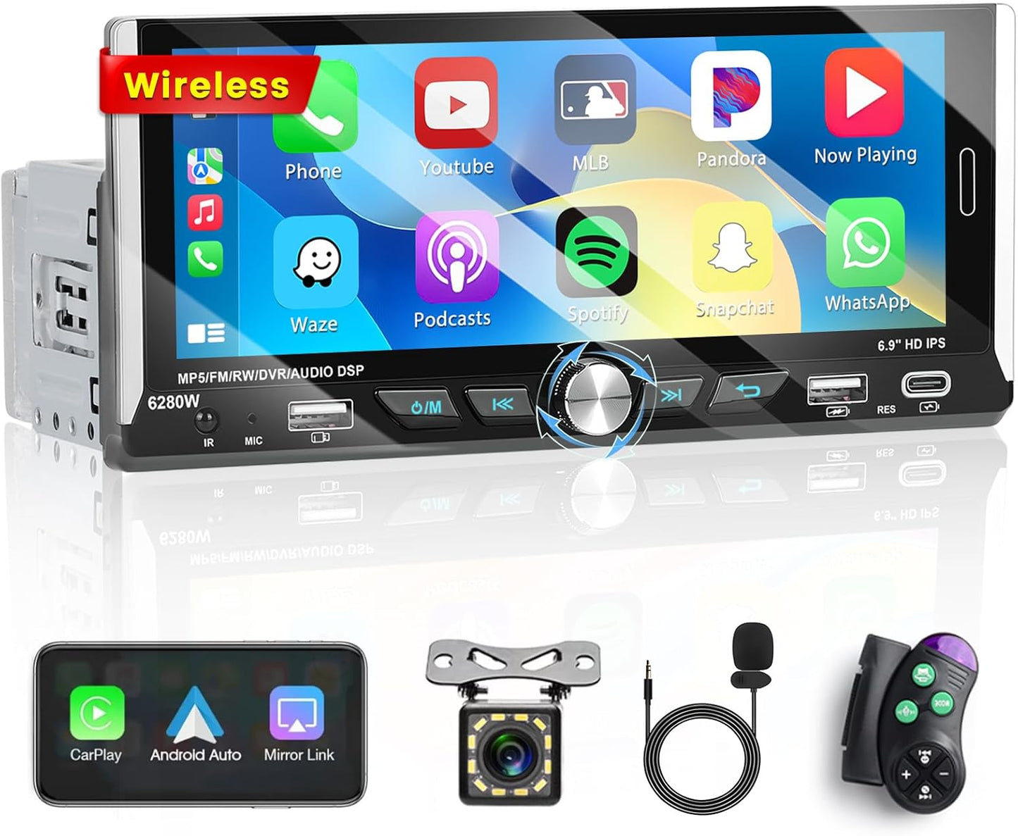6.9 Inch Single Din Car Stereo with Wireless Carplay Android Auto, HD Touchscreen Radio Receiver with Bluetooth5.0 Audio FM/RDS EQ SWC Mirror Link USB/Type-C Port Backup Camera