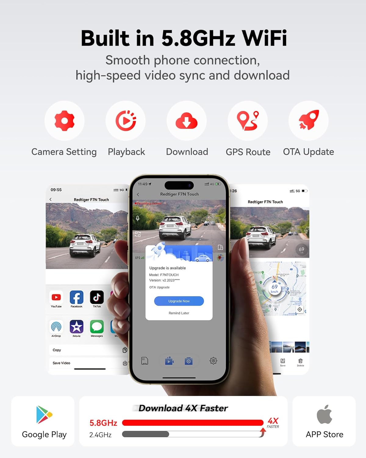 REDTIGER 4K Dash Cam Front and Rear, STARVIS 2 Sensor, Touch Screen 3.18", 128GB Card Included, Voice Control, 5.8GHz WiFi Car Dash Camera, GPS, Night Vision, Emergency Lock, Parking Mode (F7N Touch)