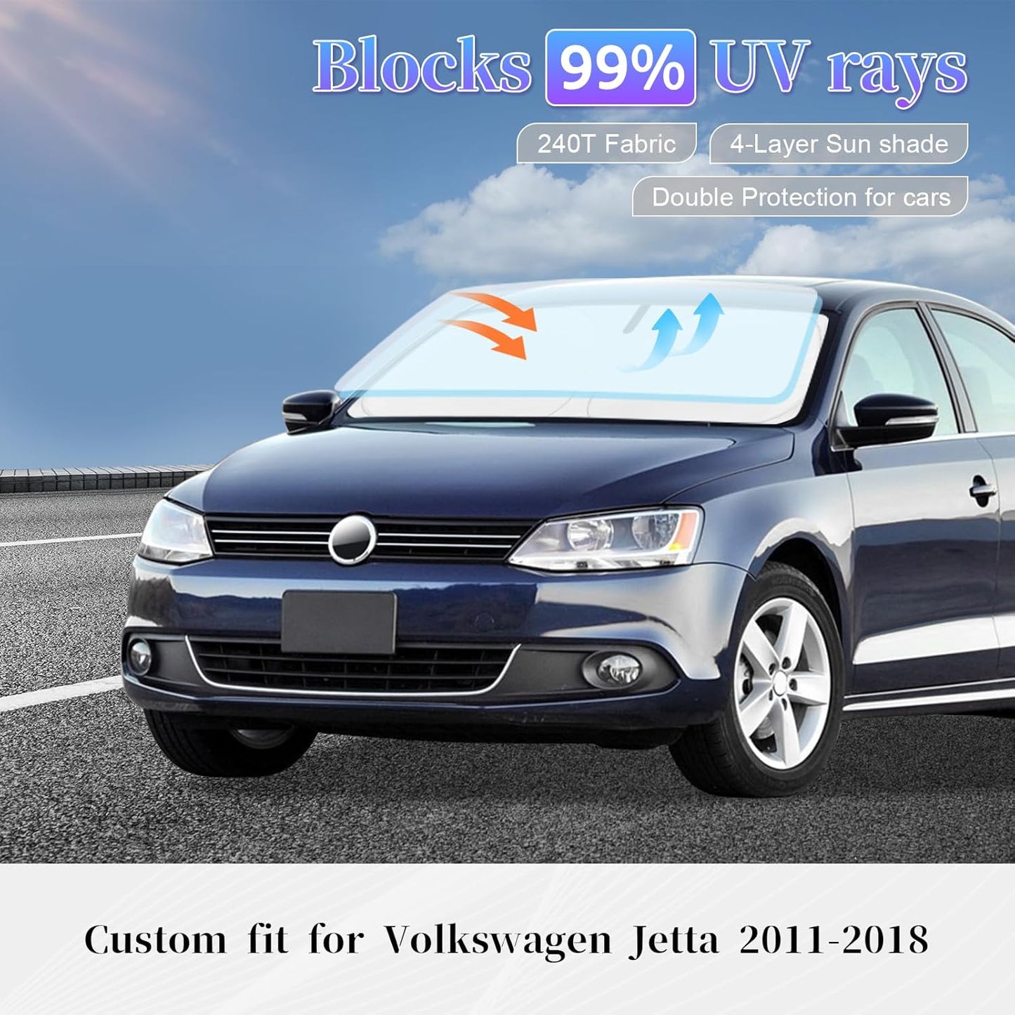 Sun Shade Sunshade for VW Jetta Windshield Cover, 4-Layer Front Window Shade Custom fit Volkswagen Jetta 2011-2018 Sun Visor 240T Retractable Shade Shield Blocks UV Rays Cooler Car Accessories