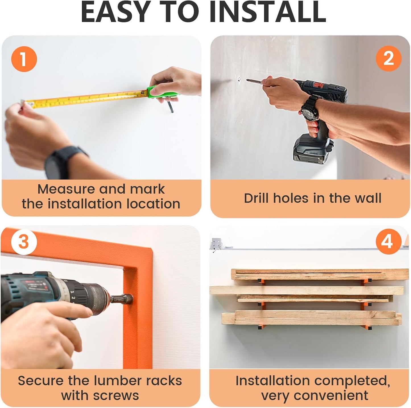 4 Pack Wood Organizer and Lumber Storage Rack Wall Mount, Heavy Duty Wood Storage Organizer Racks with 3-Level System for Garage, Workshop, Basement, Holds Up 220 LBS Per Level (Orange)