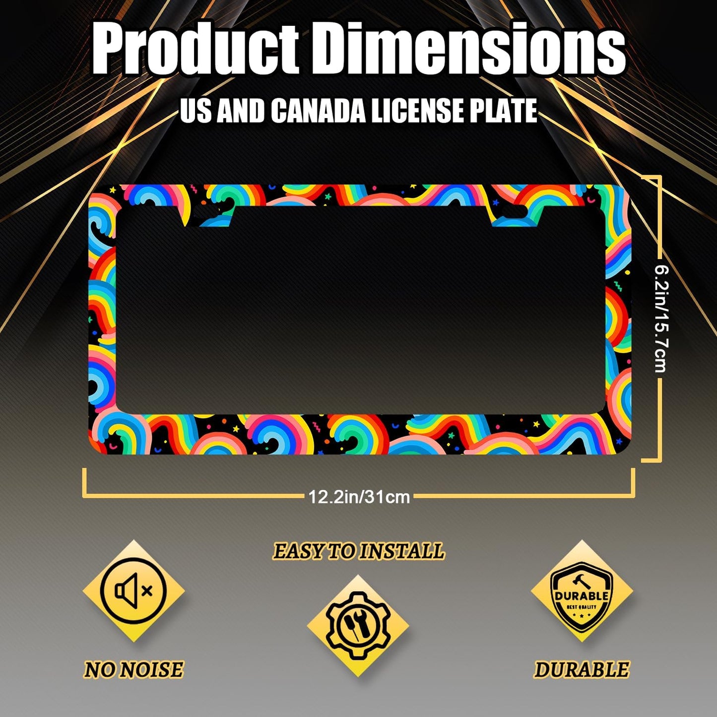 Boho Rainbow License Plate Frame Colorful License Plate Holder Stainless Steel Funny Colorful Car Accessories Decoration 6.3" X 12.3" with 2 Holes Screws