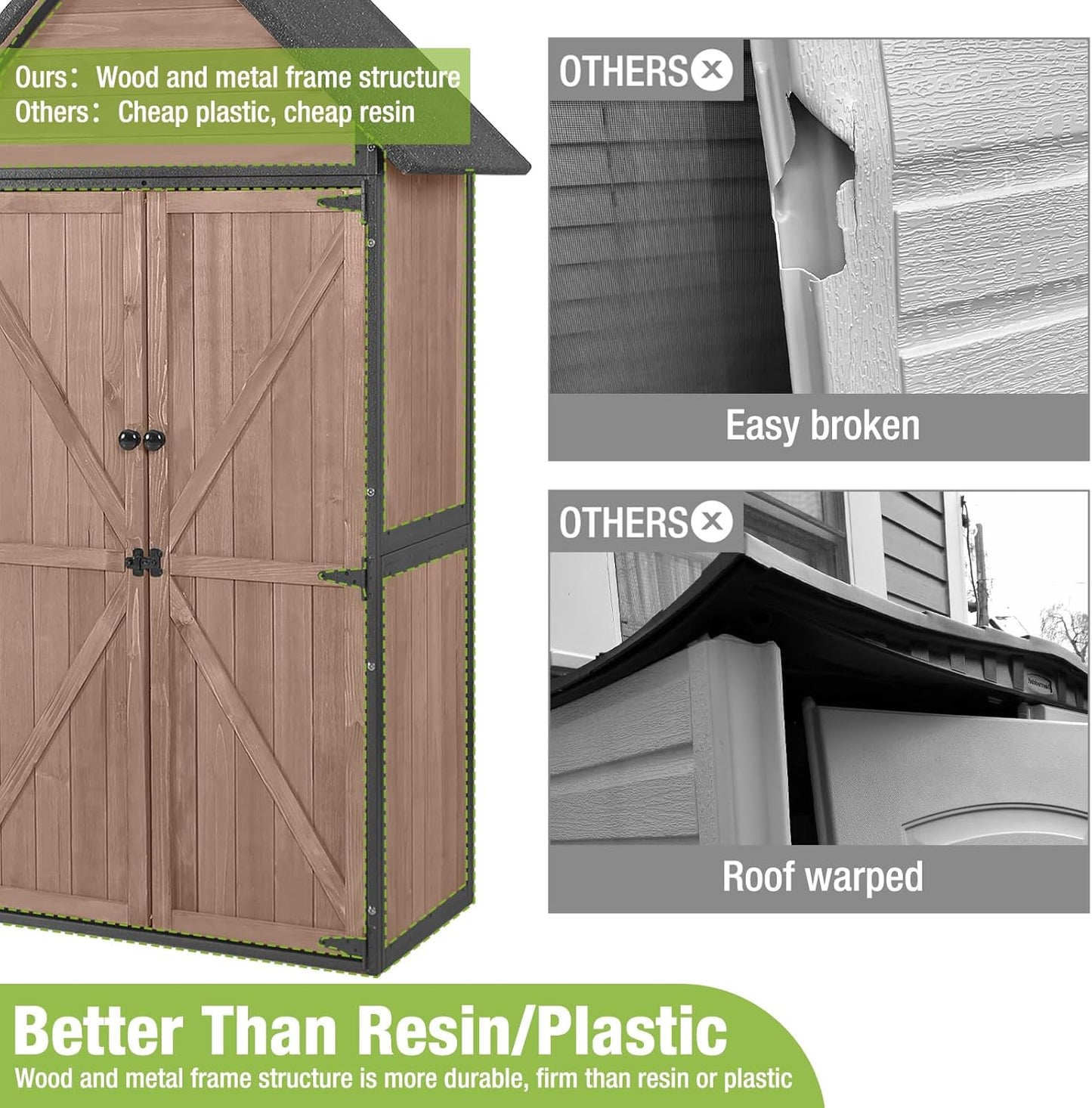 GUTINNEEN Sheds Outdoor Storage Wooden Garden Tool Shed with Metal Frame Sloped Roof and Adjustable 3 Tiers Shelves Outdoor Storage Cabinet for Backyard Garden Patio Lawn 67.1"(Dark Brown)