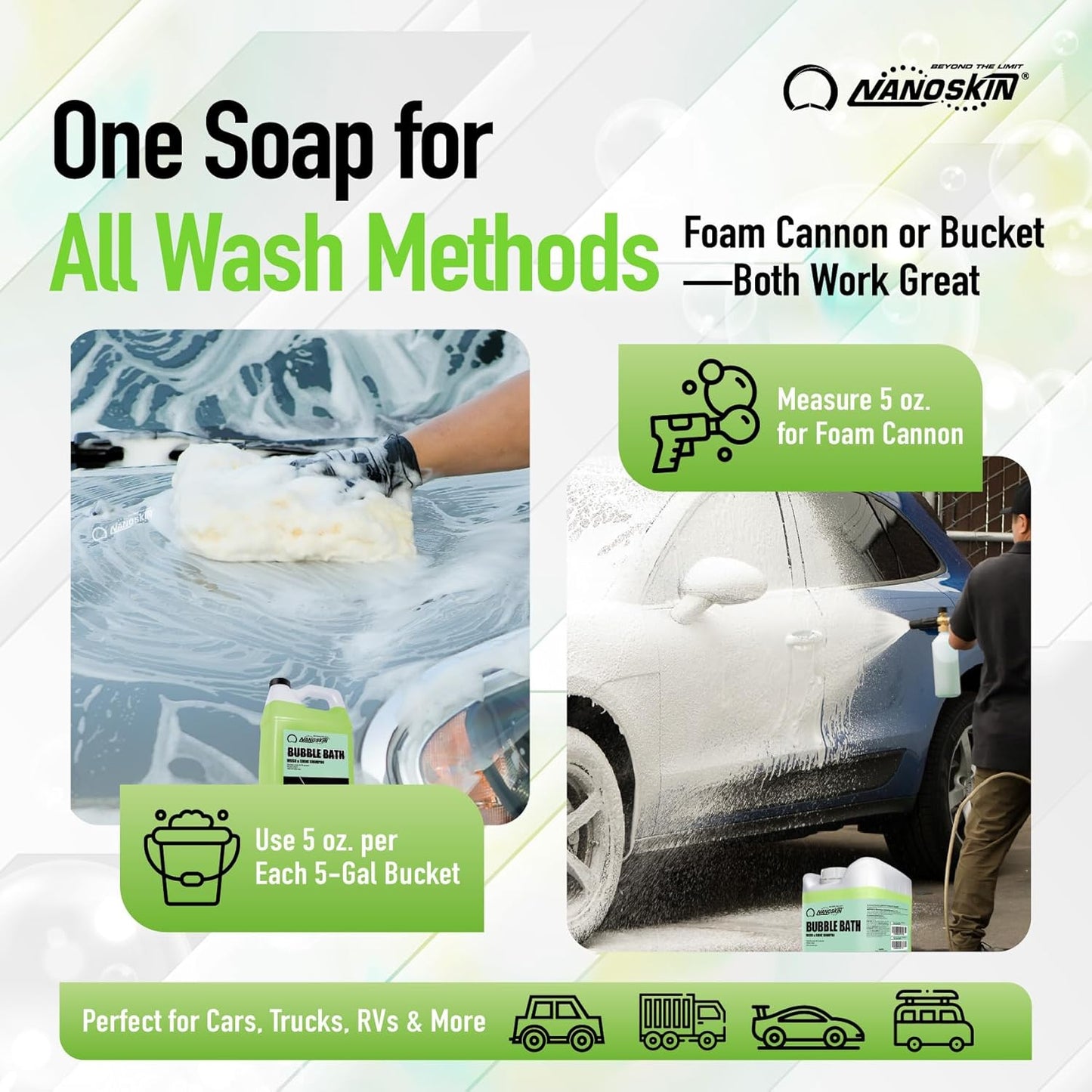 Nanoskin BUBBLE BATH Foaming Car Wash Shampoo 55 Gallons - Works with Foam Cannon, Foam Gun, Bucket Washes, Car Soap for Pressure Washer | For Car, Truck, Motorcycle, RV & More | Green Apple Scented