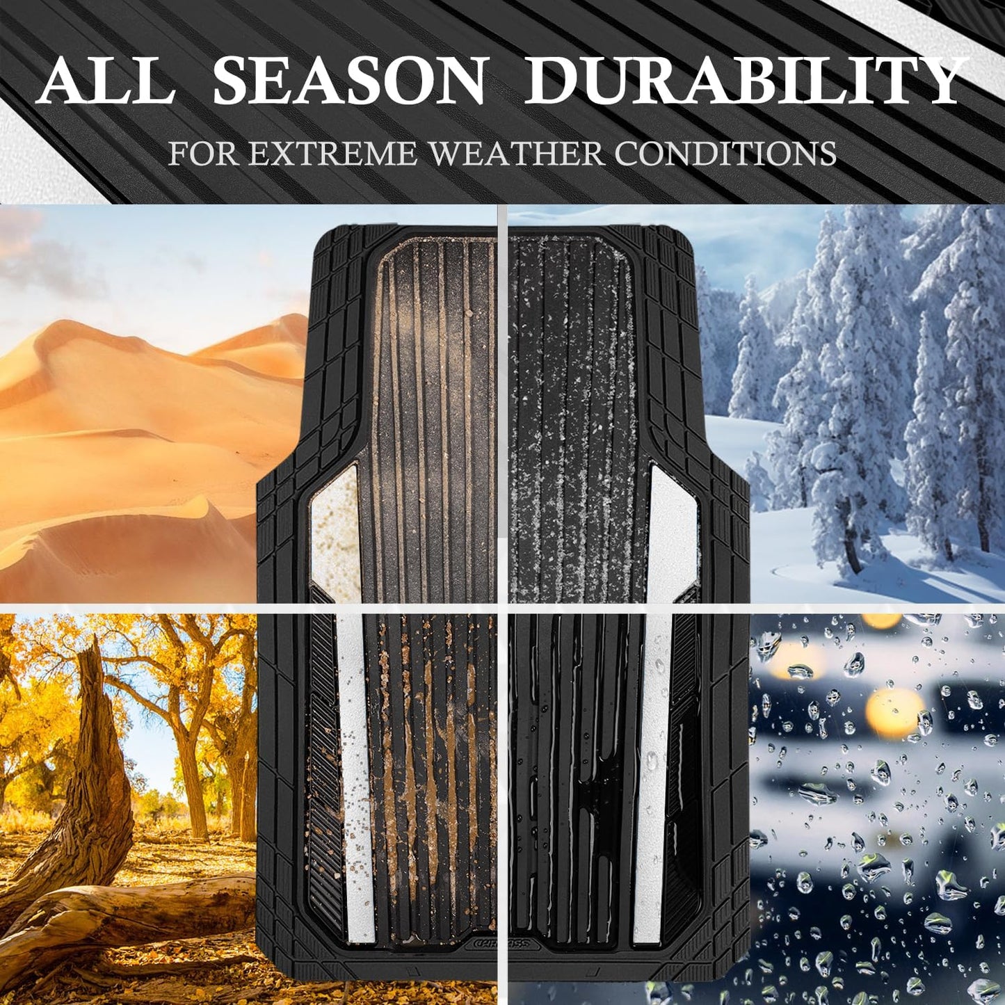 CAR PASS Heavy Duty Rubber Car Mats Metallic,Aluminum Film All Weather Floor Mats Waterproof Universal Trim to Fit SUVs Sedans Vans 4 Piece Anodized Deep Dish Two-Tone Sporty Black White Chrome