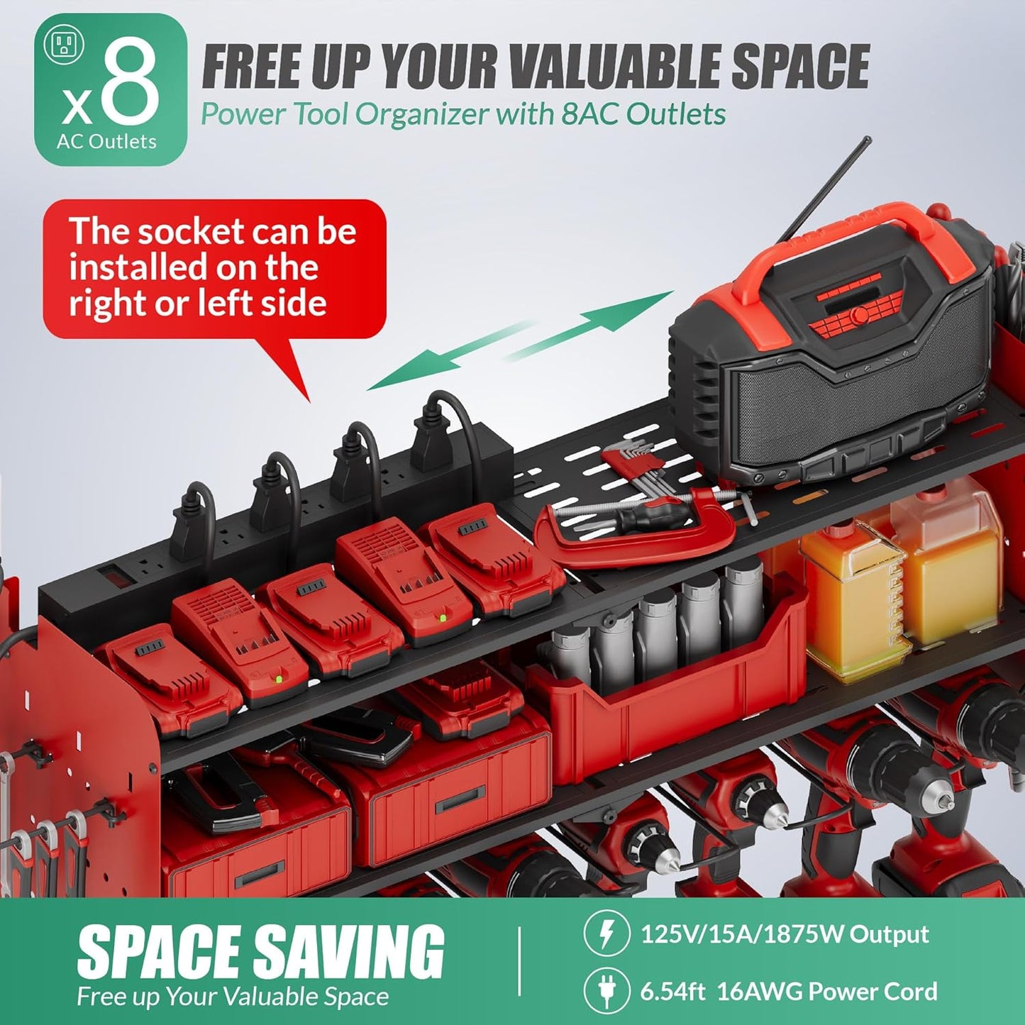 Suchtale Power Tool Organizer with Charging Station,33.2" Garage 8 Drill Holders Wall Mount,3 Layers Heavy Duty Metal Tool Shelf Built in 8 Outlets Power Strip, Gift for Men, Father, Red